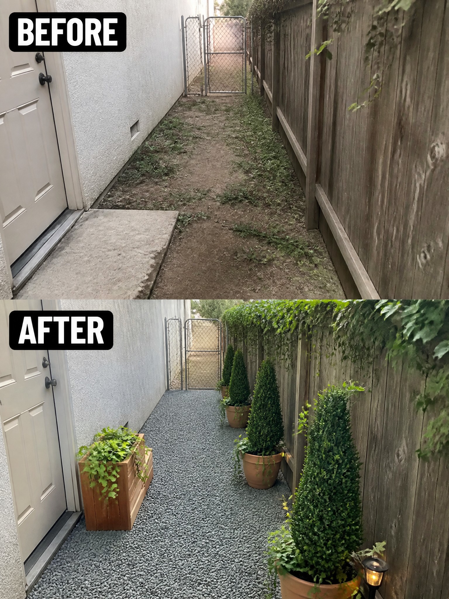 Before and after of a narrow side yard path transformed with gravel and potted plants.