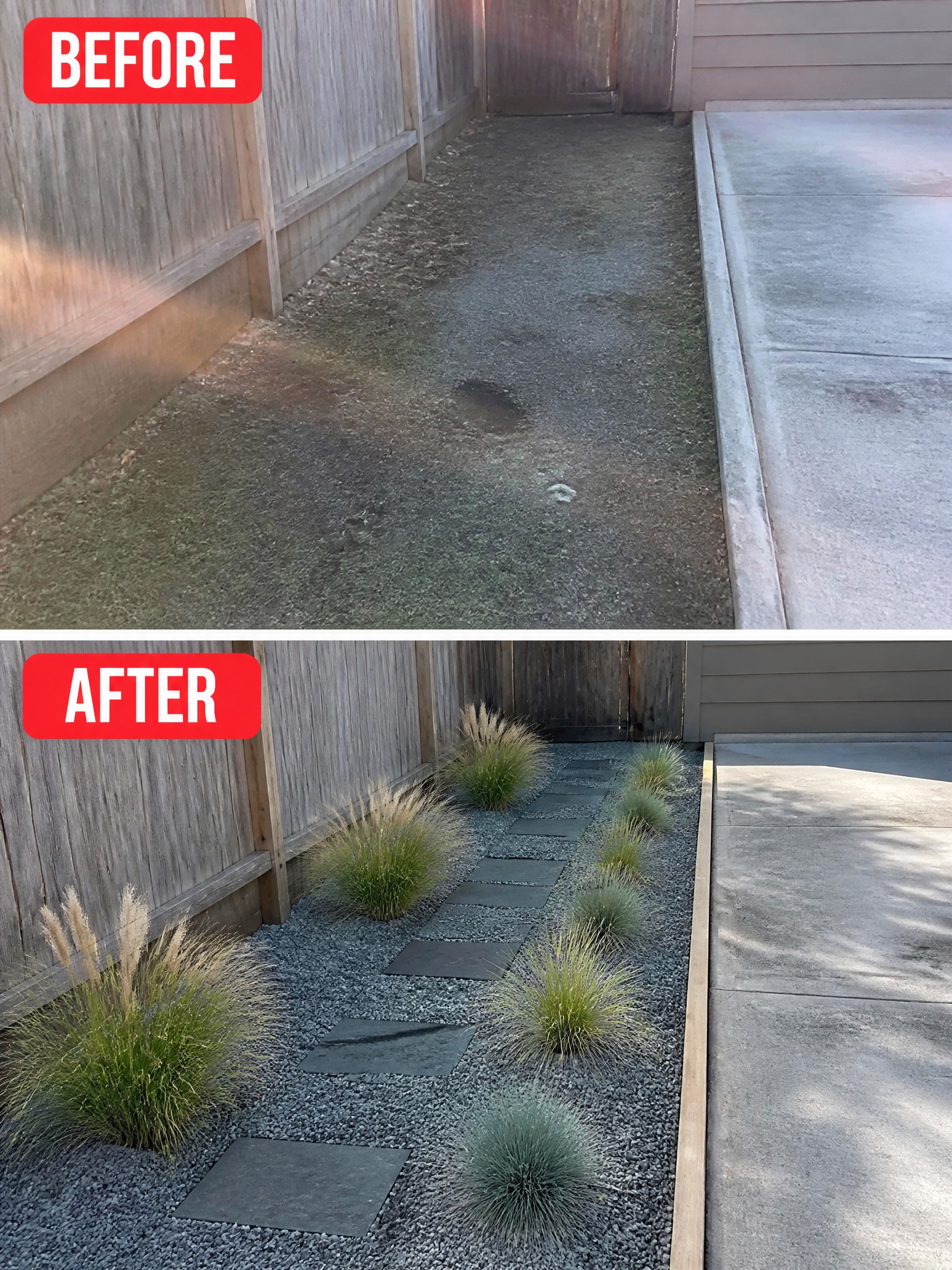 Before-and-after image of a bare dirt side yard changed into a gravel path with stepping stones and clumps of ornamental grasses.