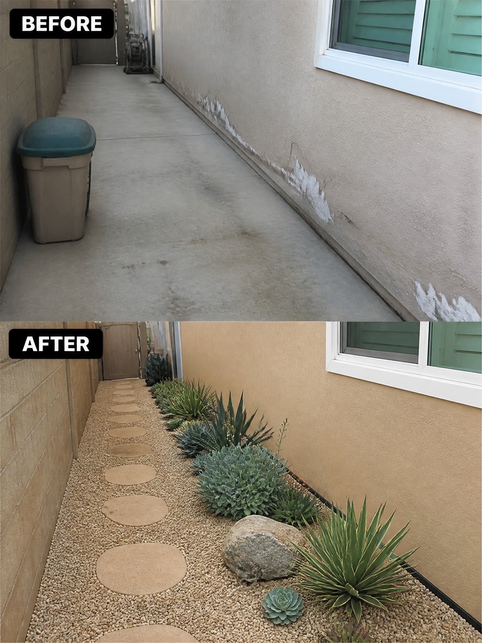 Before-and-after image of a bare concrete side yard changed into a gravel path with stepping stones and a border of succulents and agaves.