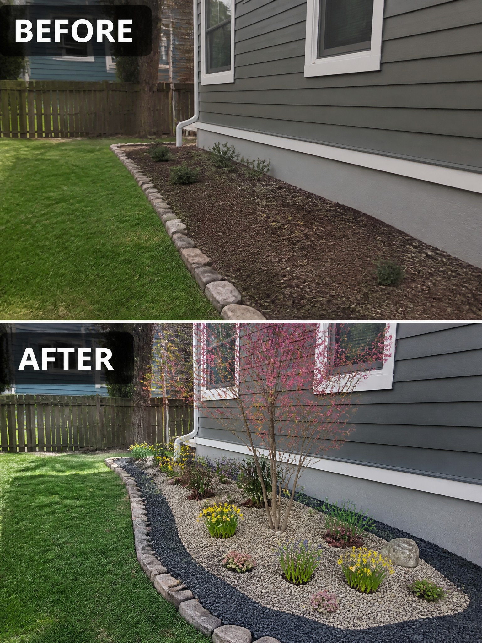 Before-and-after image of a sparse mulch strip along a house changed into a defined gravel bed with grouped plants and a small tree.