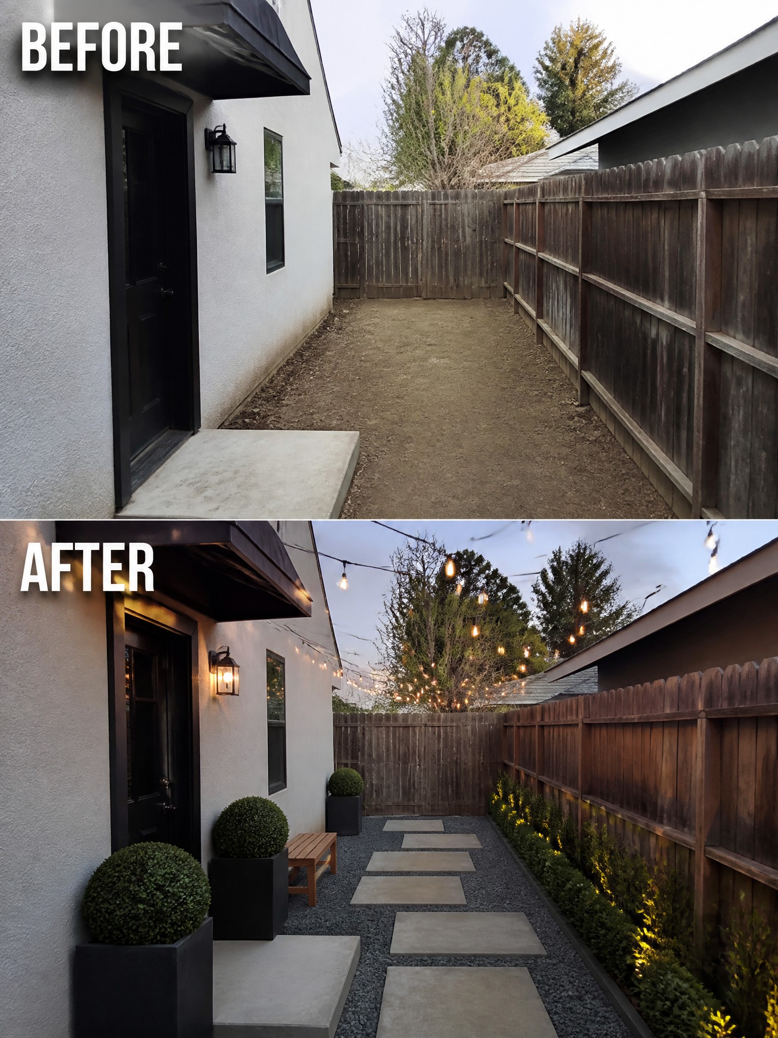Before-and-after image of a bare dirt side yard changed into a gravel path with stepping stones, potted plants, and string lights.