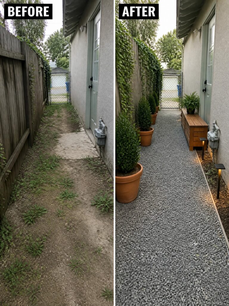 Before and after of a narrow side yard path transformed with gravel and potted plants.