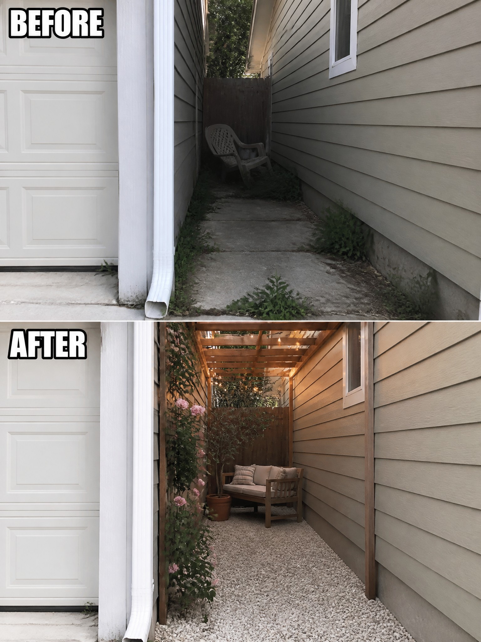 Before-and-after image of an overgrown side yard with cracked concrete changed into a gravel path with a wooden pergola, climbing roses, and a bench.
