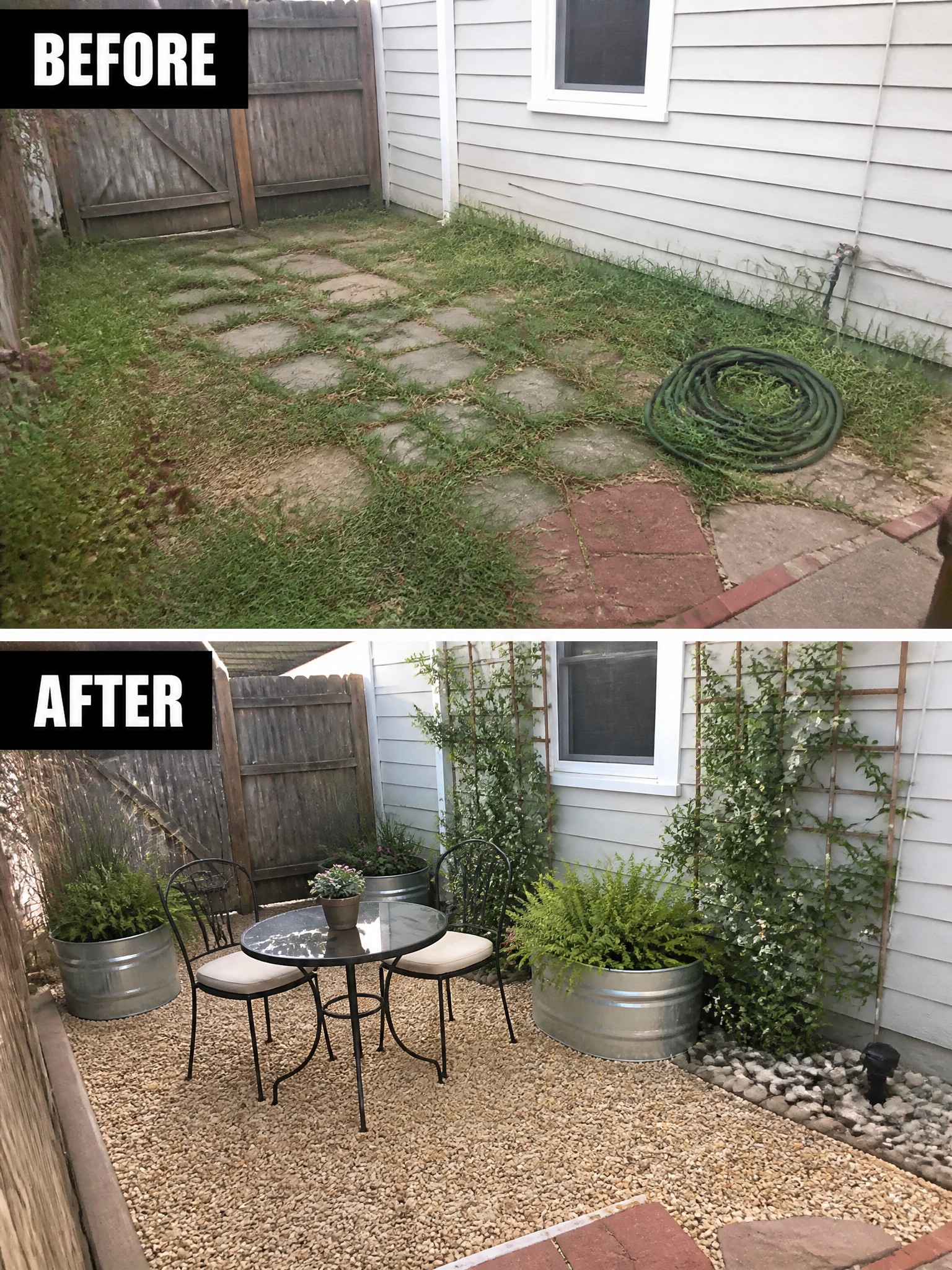 Before and after backyard makeover with patio table, chairs, plants and gravel.