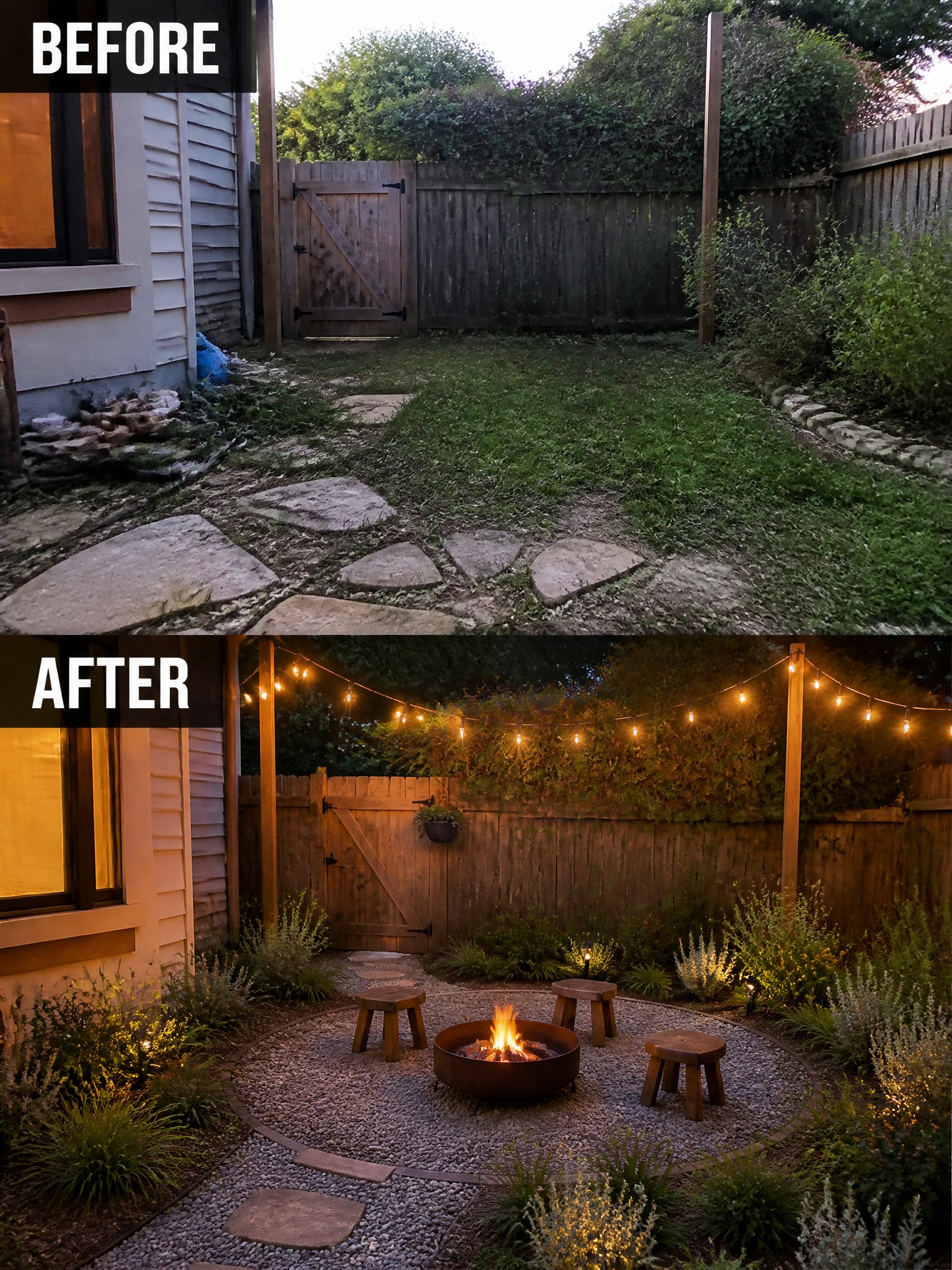 Before-and-after image of an overgrown backyard changed into a gravel fire pit seating area with wooden stools and string lights.