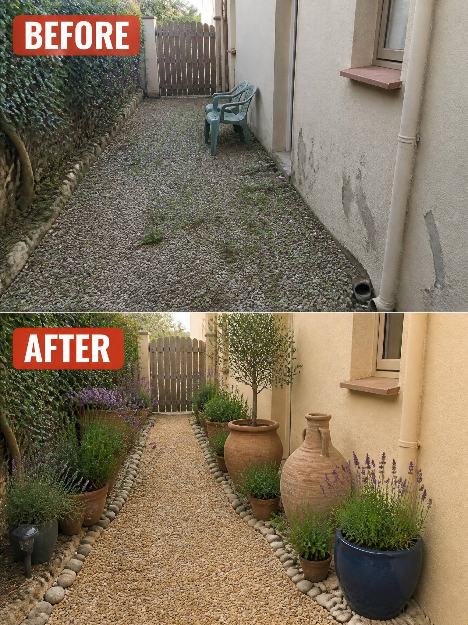 Before-and-after views of gravel path lined with potted lavender and terracotta urns.