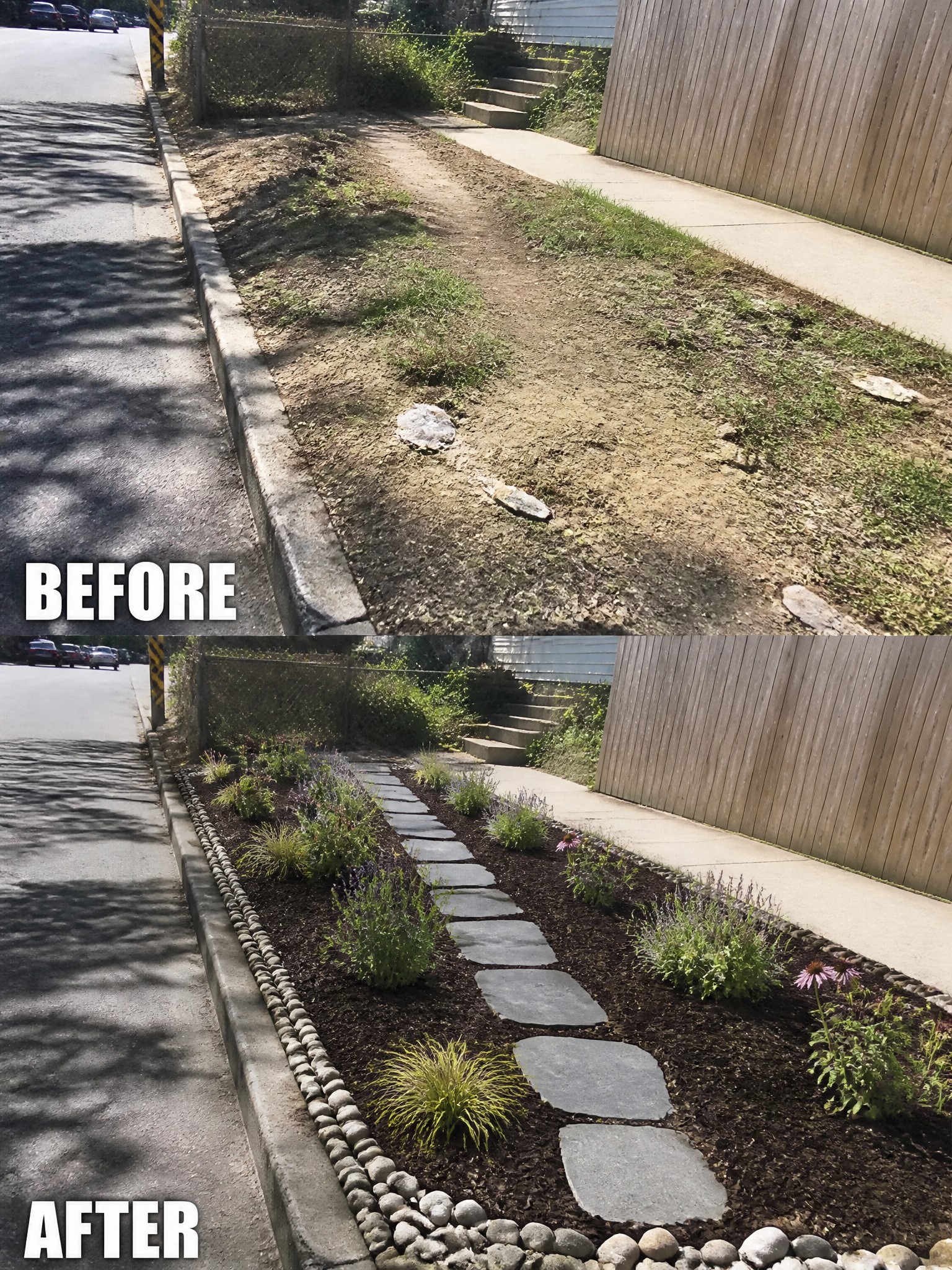 Before and after of bare roadside dirt transformed into mulched garden with stone path and plants
