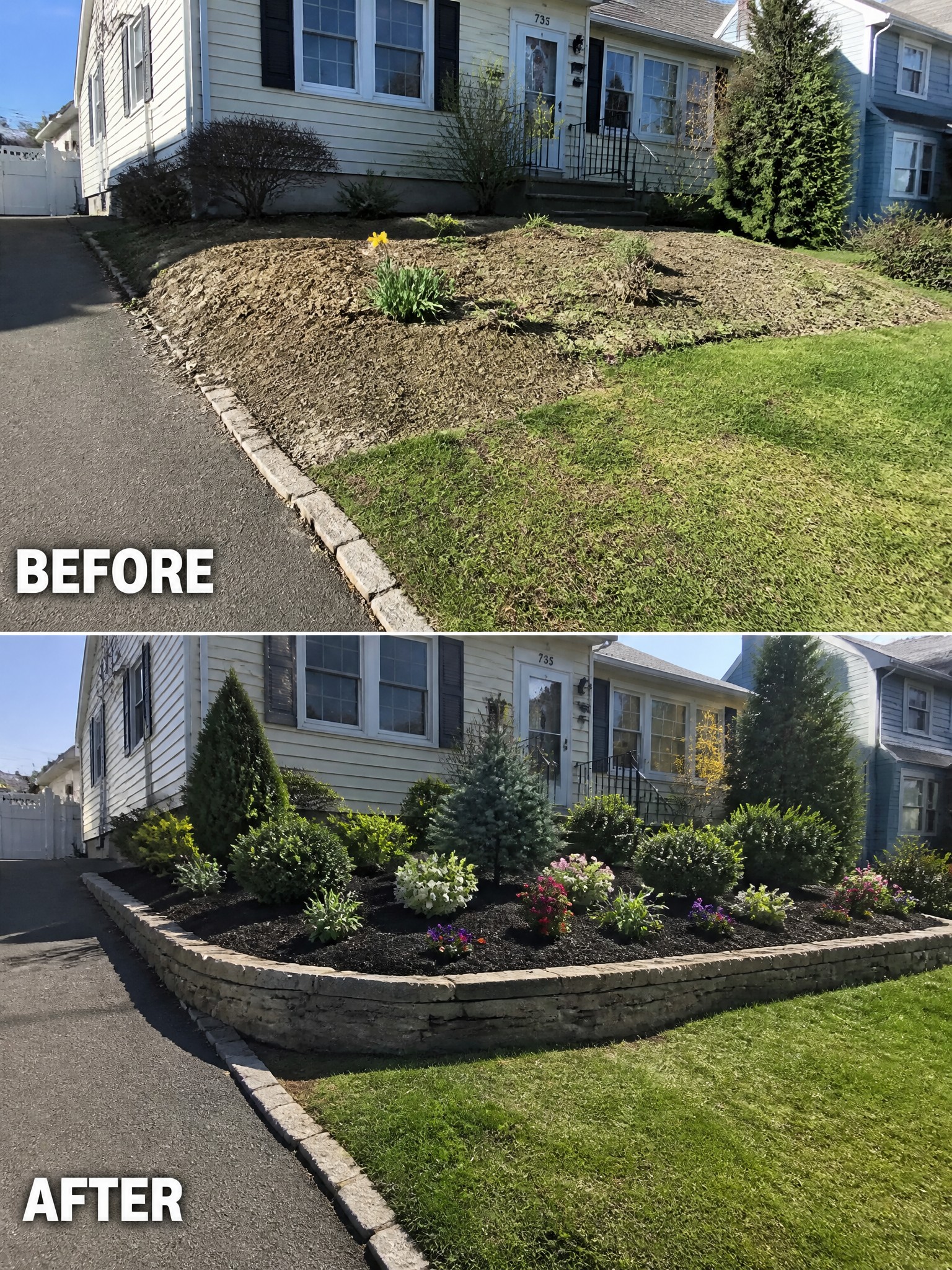 Before-and-after image of a sloped front yard transformed by adding a stone border, mulch, and planted flower bed.