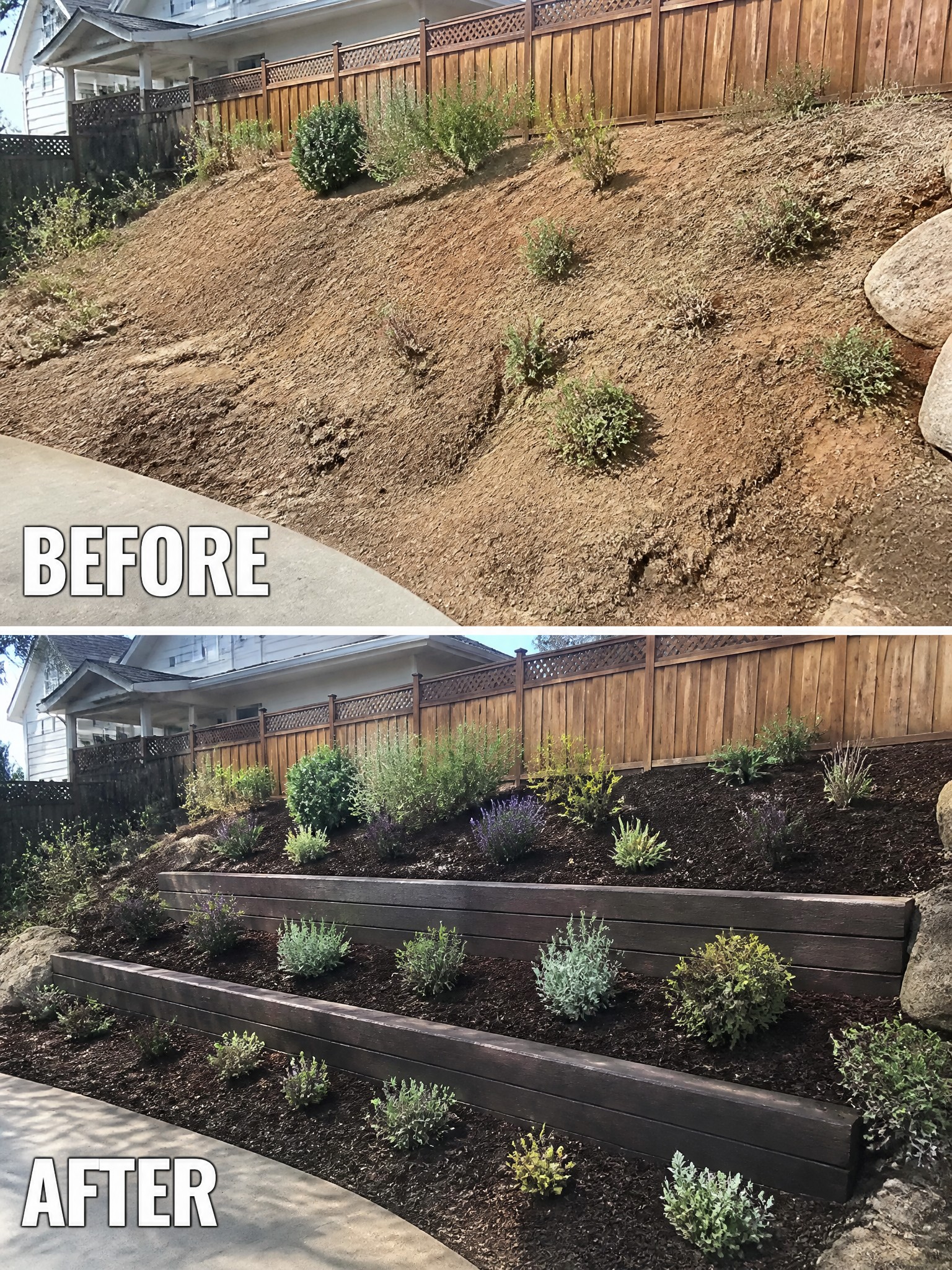 Before and after of bare dirt slope transformed into terraced garden with plants.