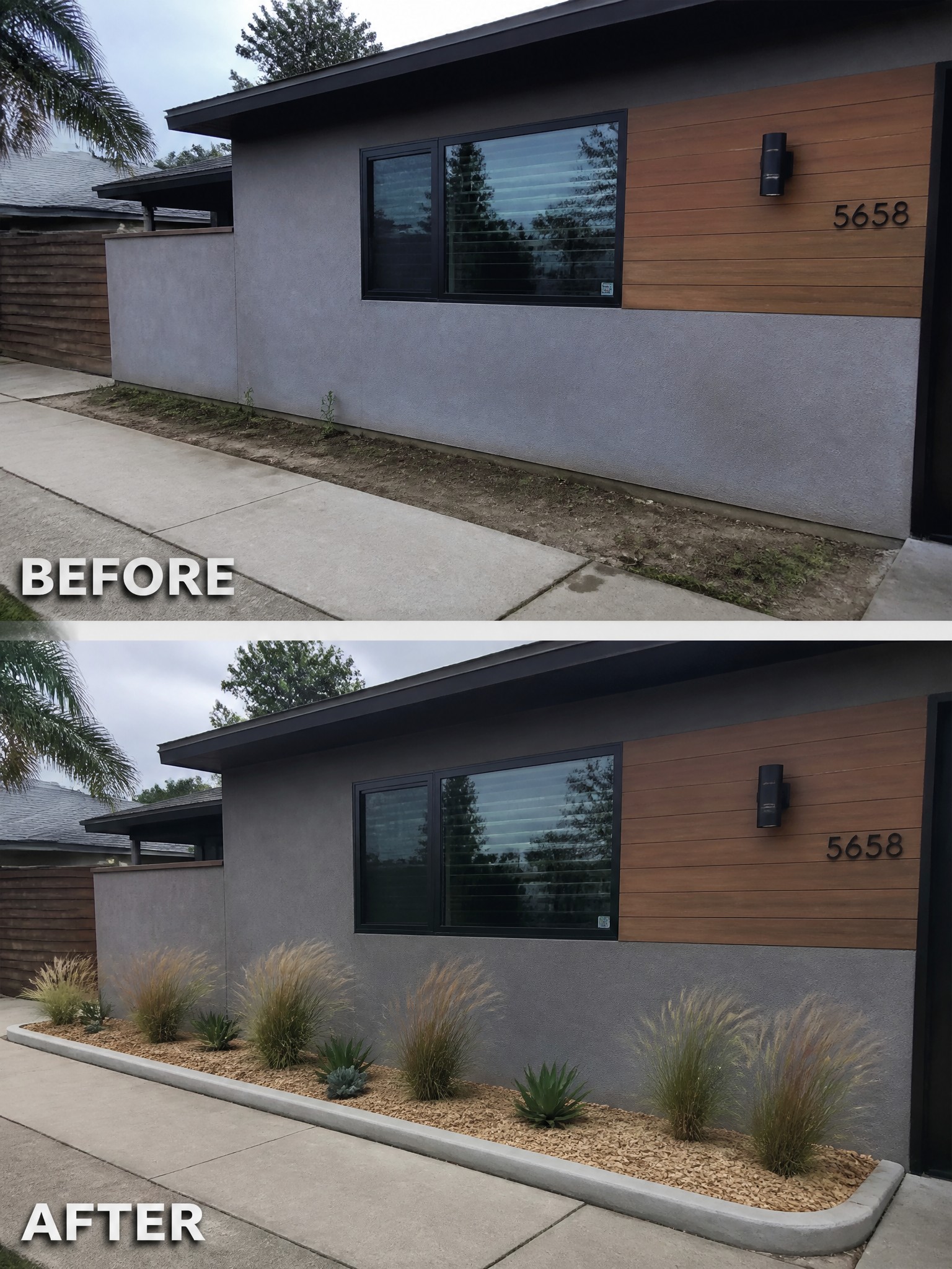 Before-and-after image of a house exterior where a bare dirt strip along the foundation is turned into a mulched flower bed with a concrete border and low plants.