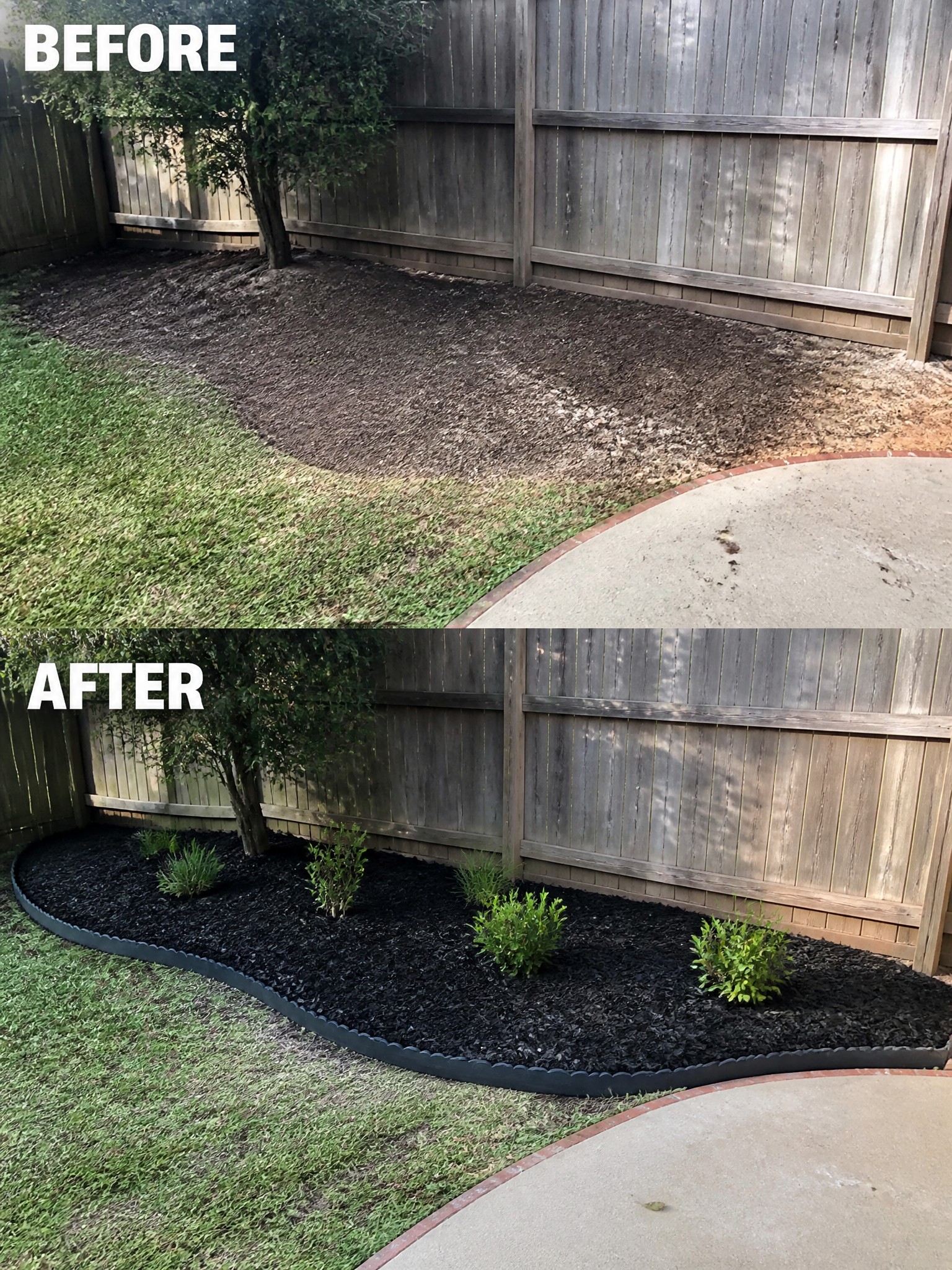 Before-and-after image of a bare dirt area along a fence changed into a mulched garden bed with a black border and small shrubs.