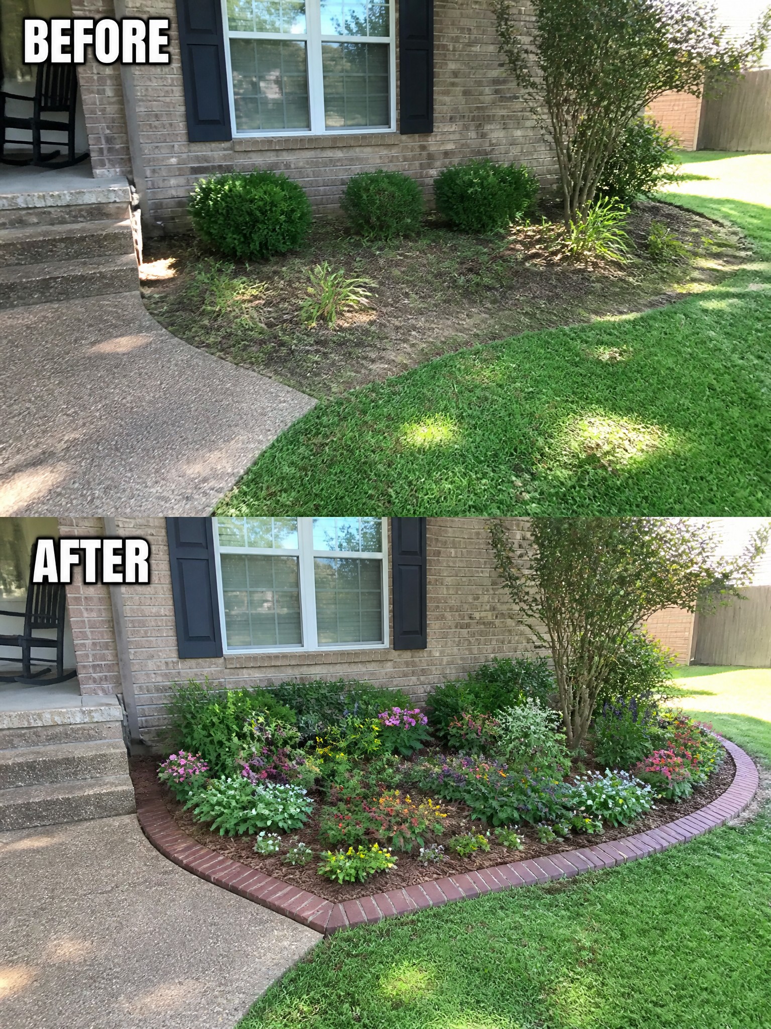 Before-and-after image of a sparse foundation bed turned into a defined garden with a brick border, mulch, and colorful plantings.