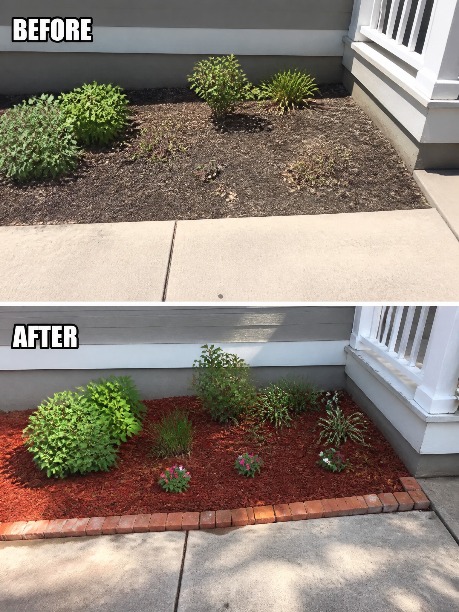 Before-and-after image of a neglected flower bed next to a house updated with red mulch, a brick border, and organized plants.