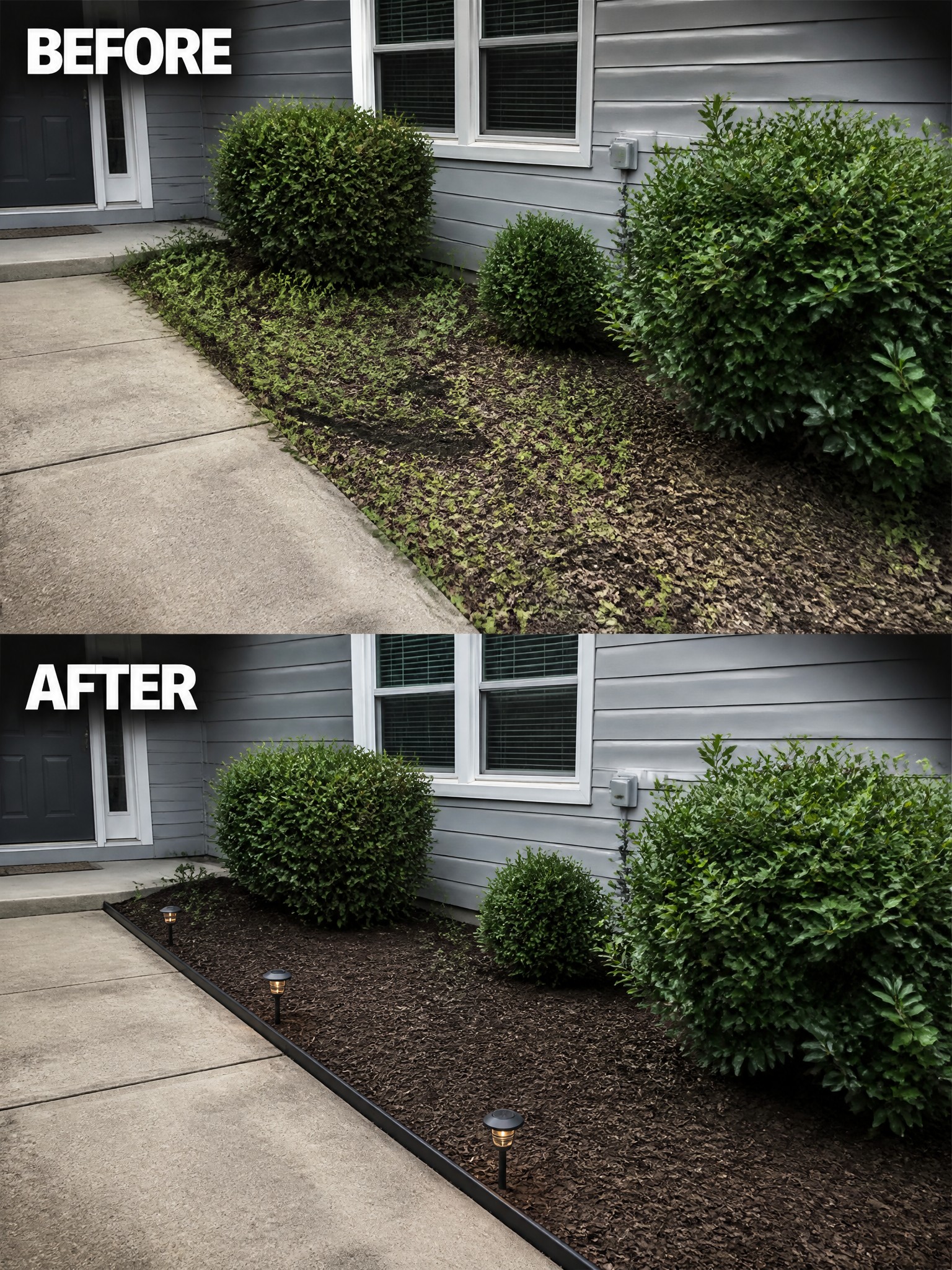Before and after of weedy garden bed transformed with dark mulch and solar lights.