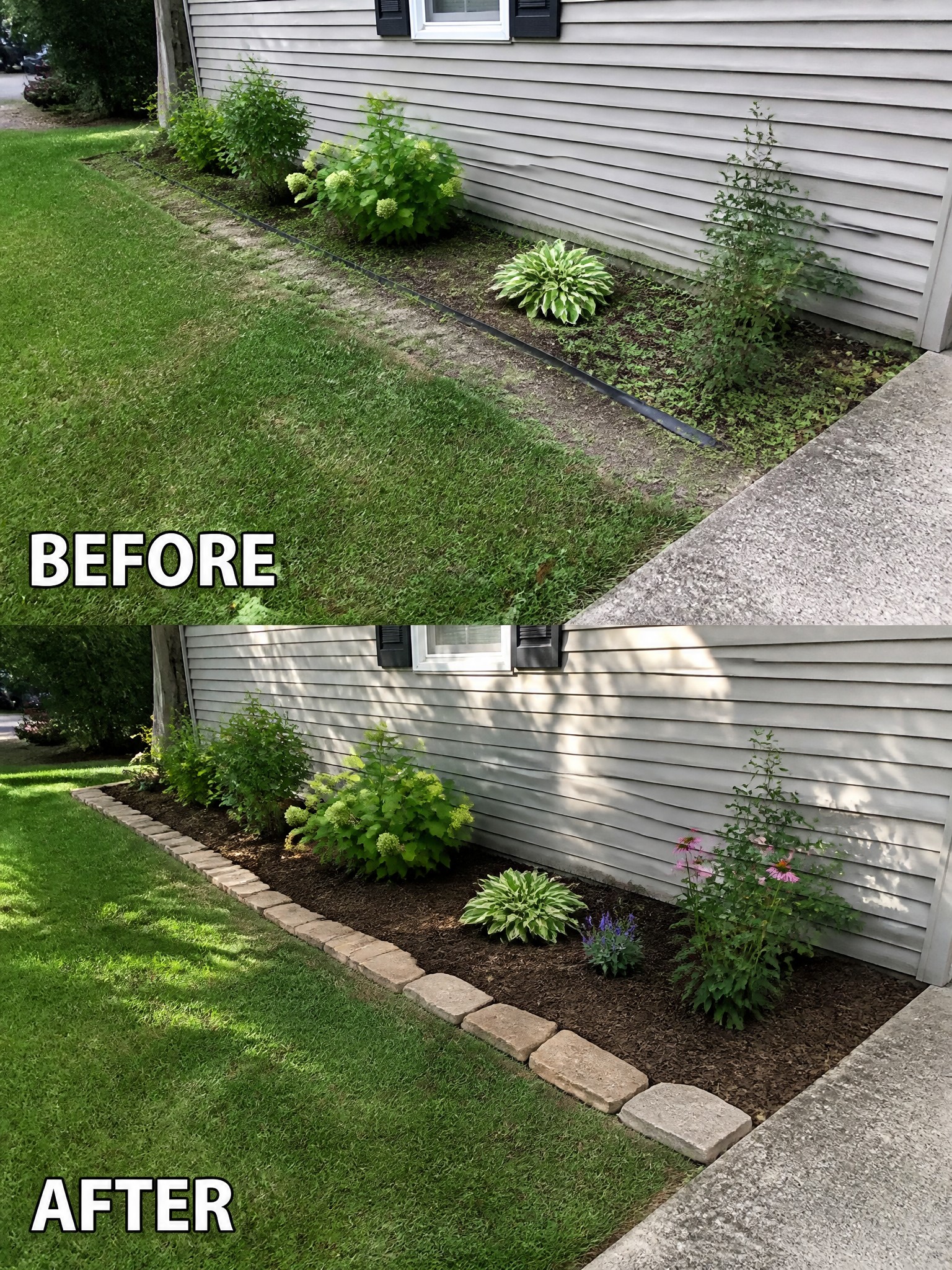 Before-and-after image of a house side bed changed from scattered plants and bare soil to a mulched garden with a stone border.