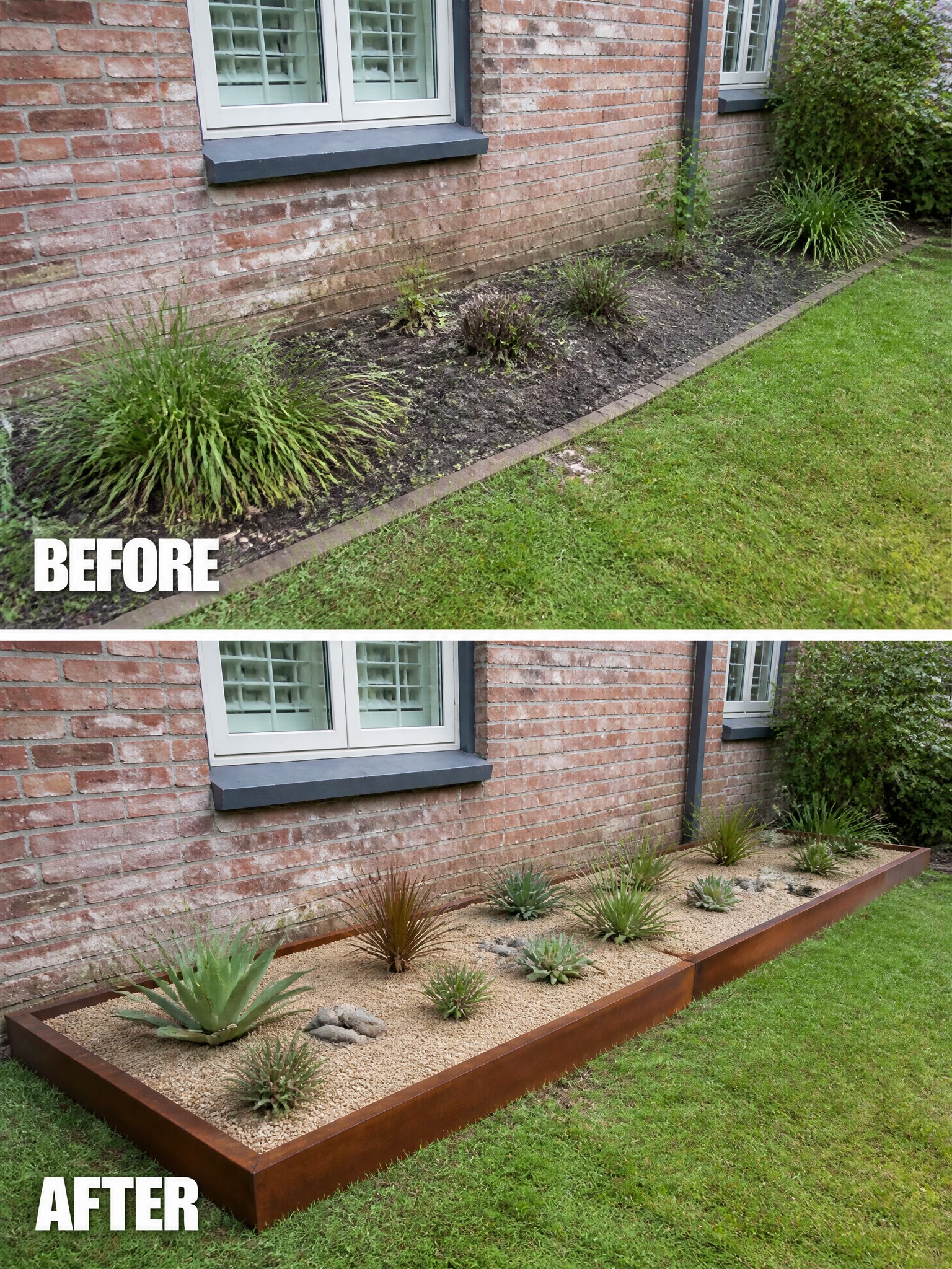 Before-and-after image of an overgrown foundation bed along a brick house changed into a neat gravel bed with metal borders and spaced succulents.