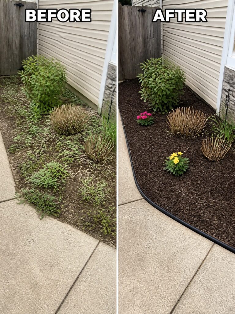 21 Easy Flower Bed Makeover Ideas With Mulch and Borders Before-and-after garden bed with mulch, trimmed plants, and added flowers.