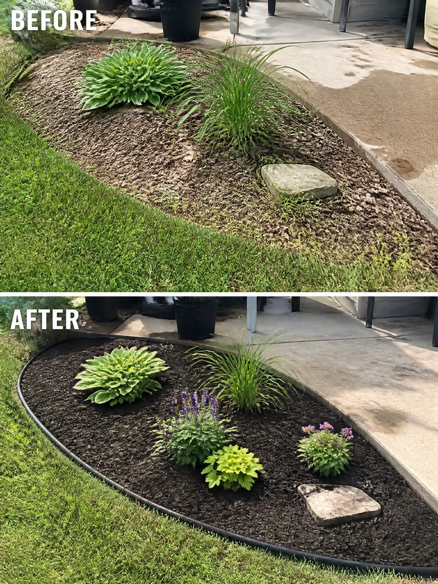 Before-and-after image of an overgrown flower bed changed into a neat garden area with dark mulch, a black border, and added plants.