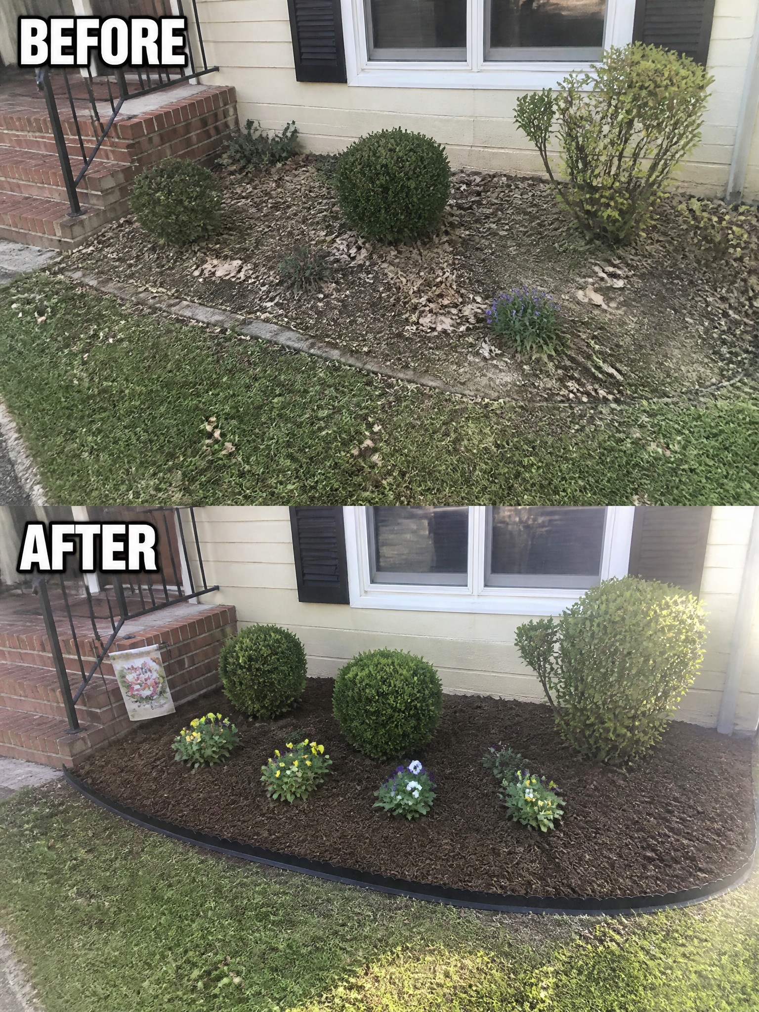 Before and after of messy garden bed transformed into neat mulched flower border with shrubs.