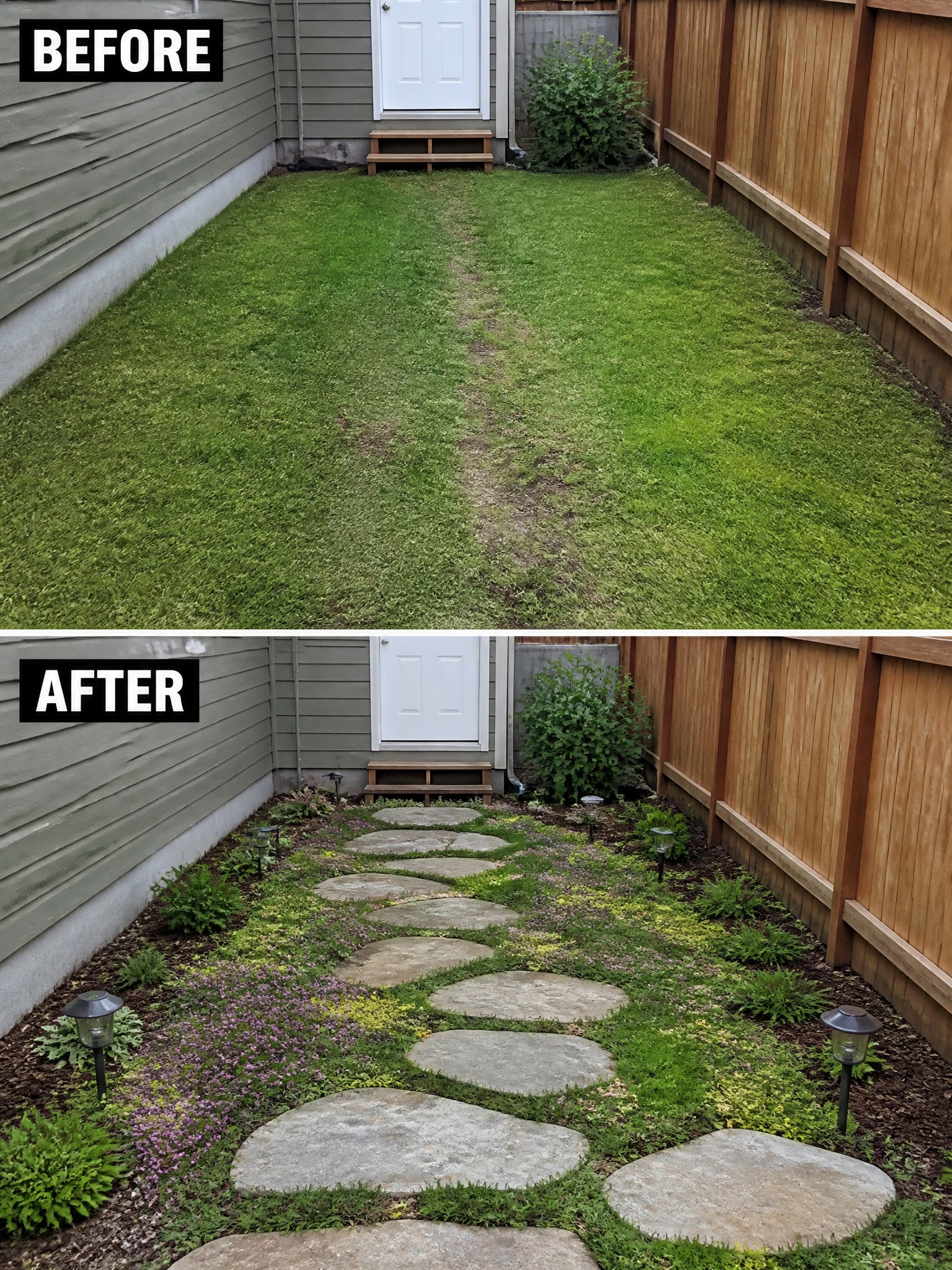 Before and after backyard transformation with stone path, plants and lights.