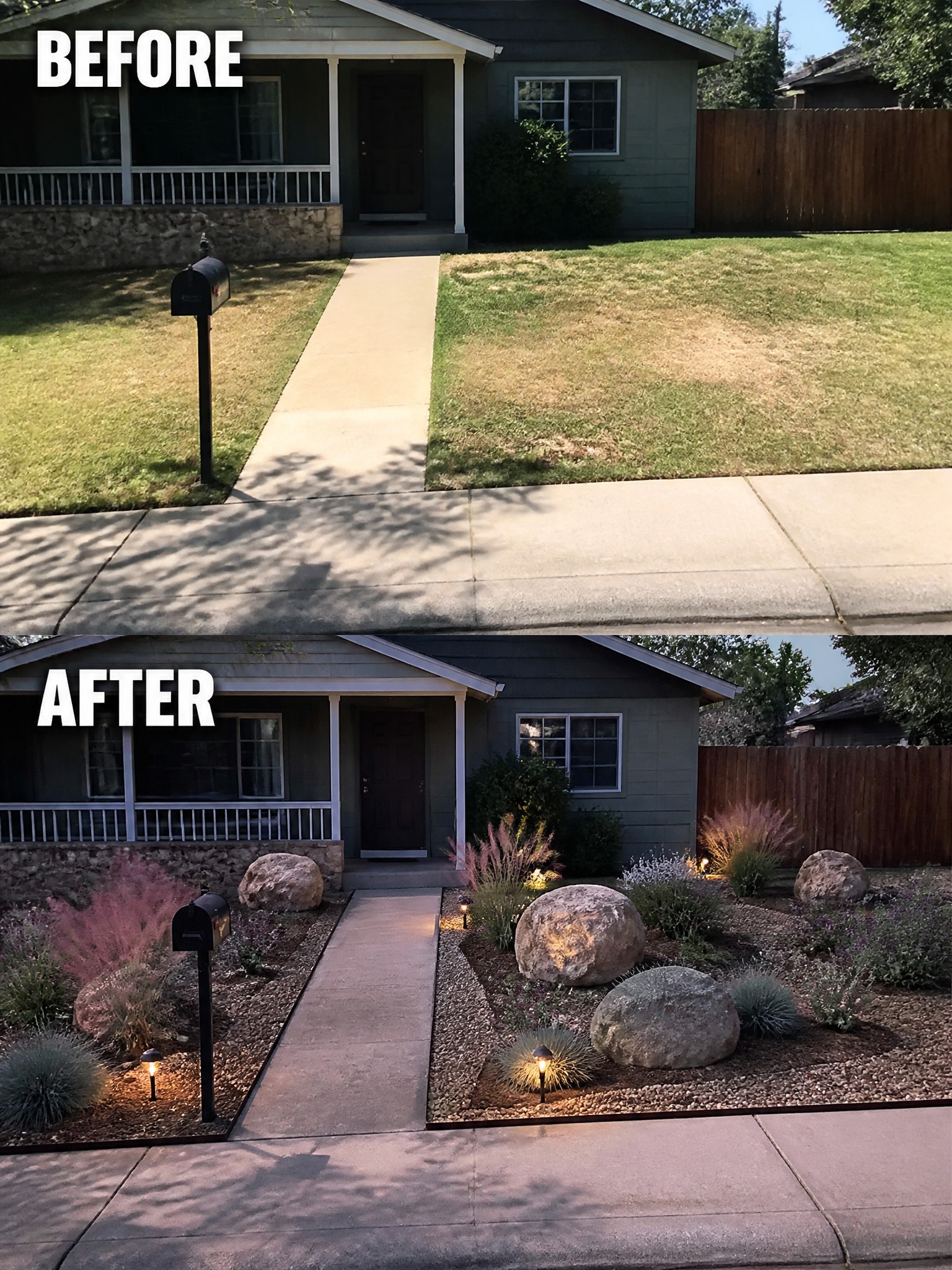 Before-and-after view of house front yard with rocks, plants, mulch, and lights.