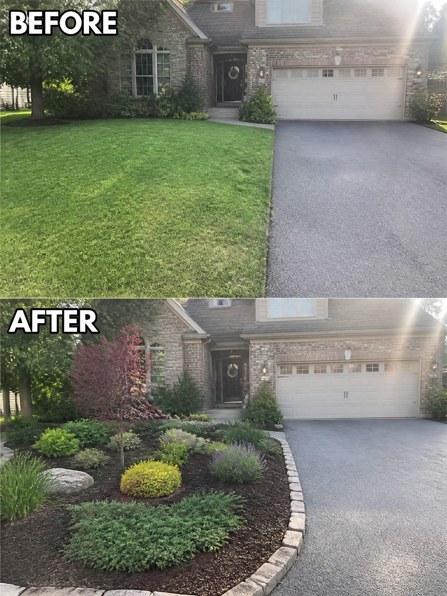 Before and after of brick house front yard, lawn replaced by colorful garden beds