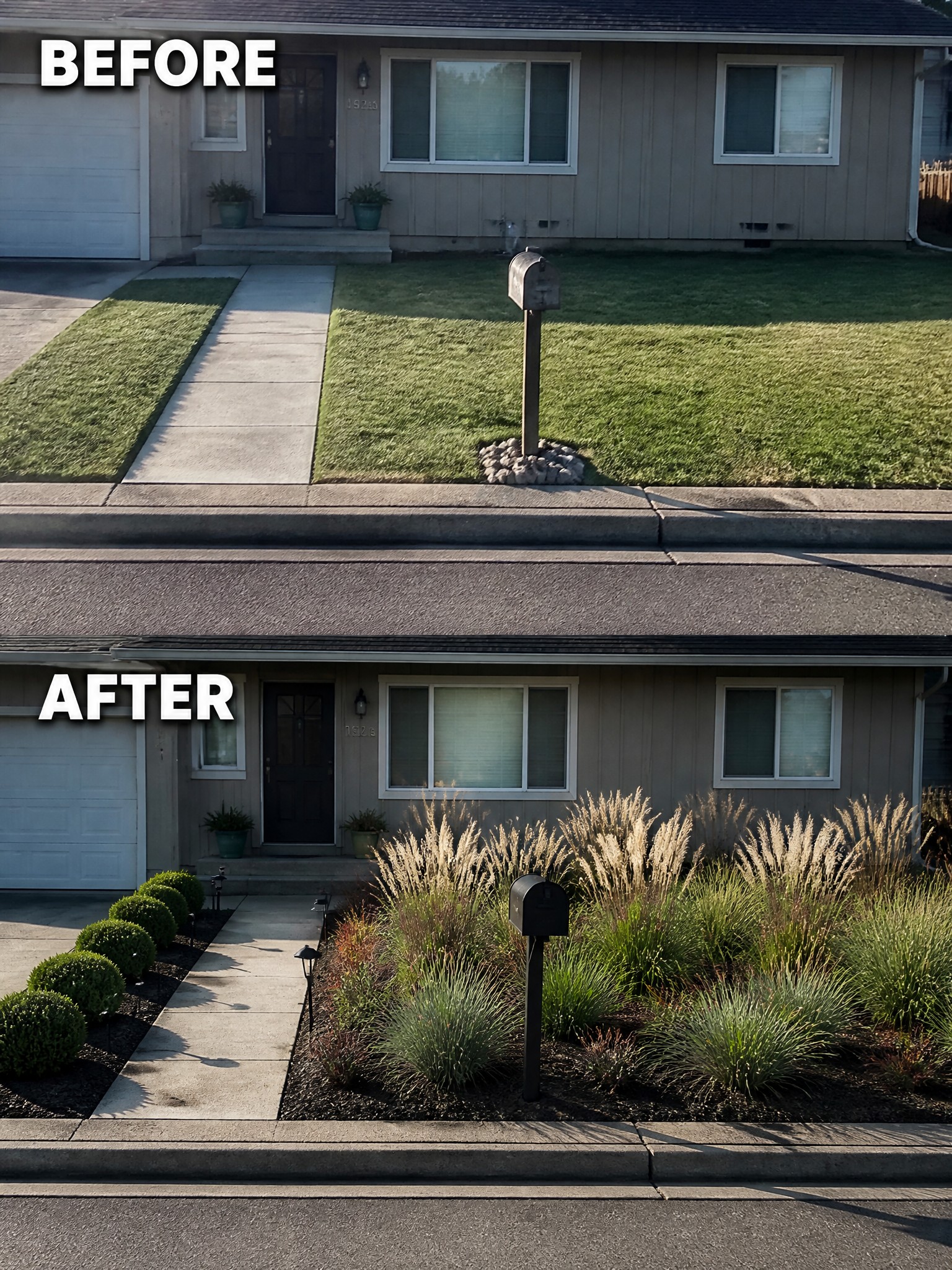 Before and after of beige house front yard with lawn replaced by plants and mulch.