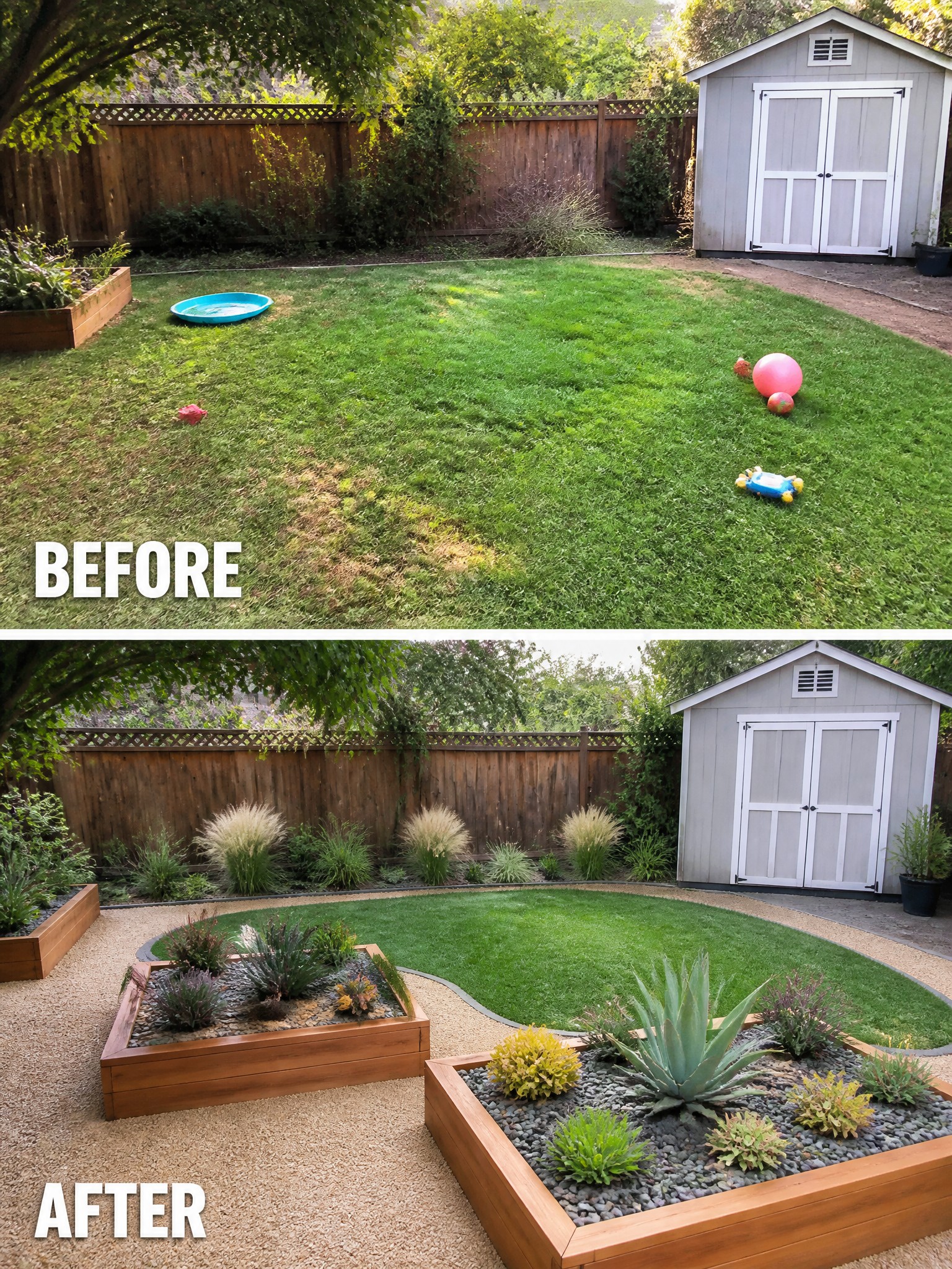 Backyard before and after: lawn replaced by gravel, raised beds, and plants