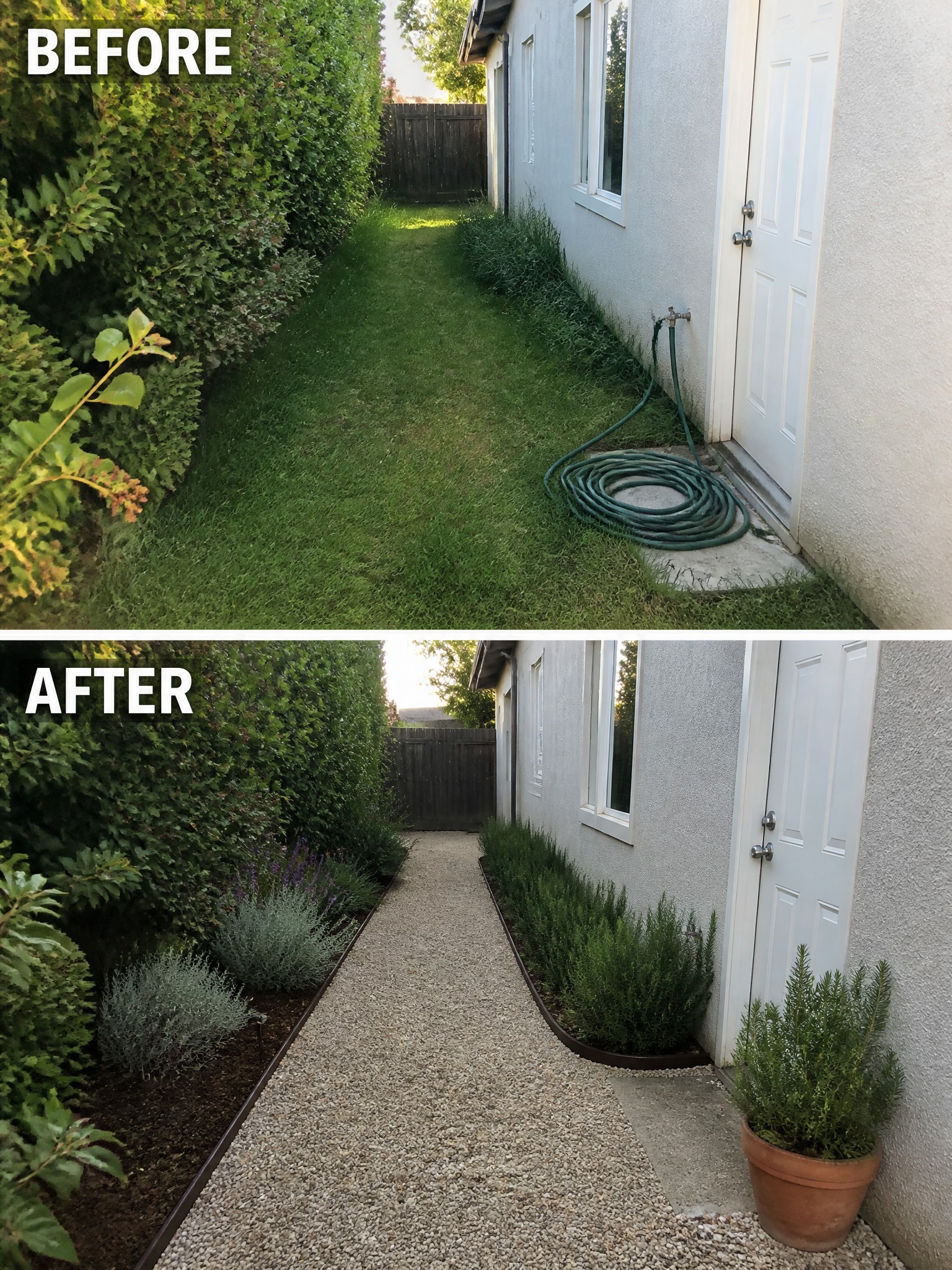Before and after of grassy side yard path converted to gravel with shrubs and plants.