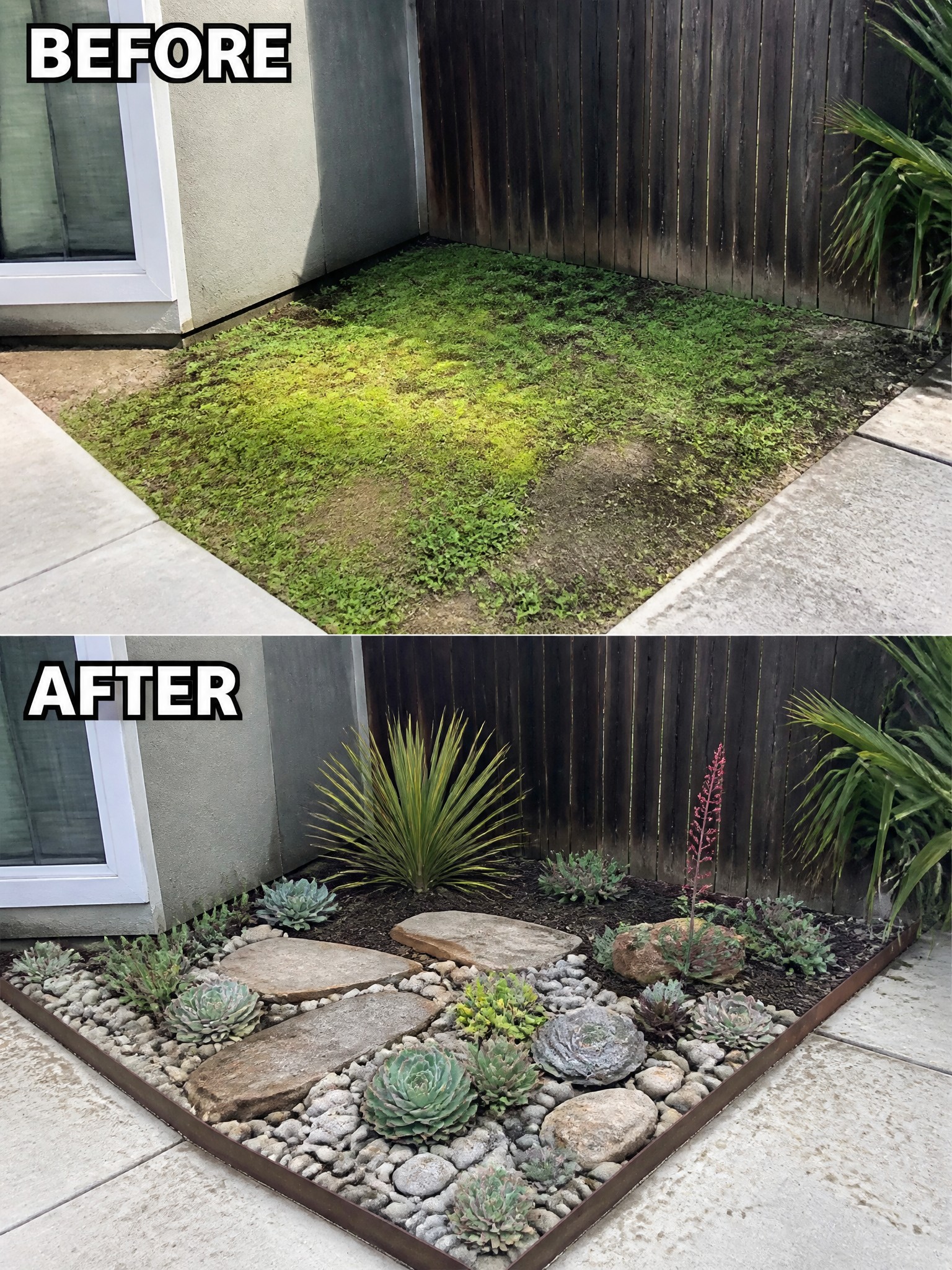 Before-and-after image of an overgrown weedy corner changed into a structured garden bed with metal edging, gravel, stepping stones, and succulents.