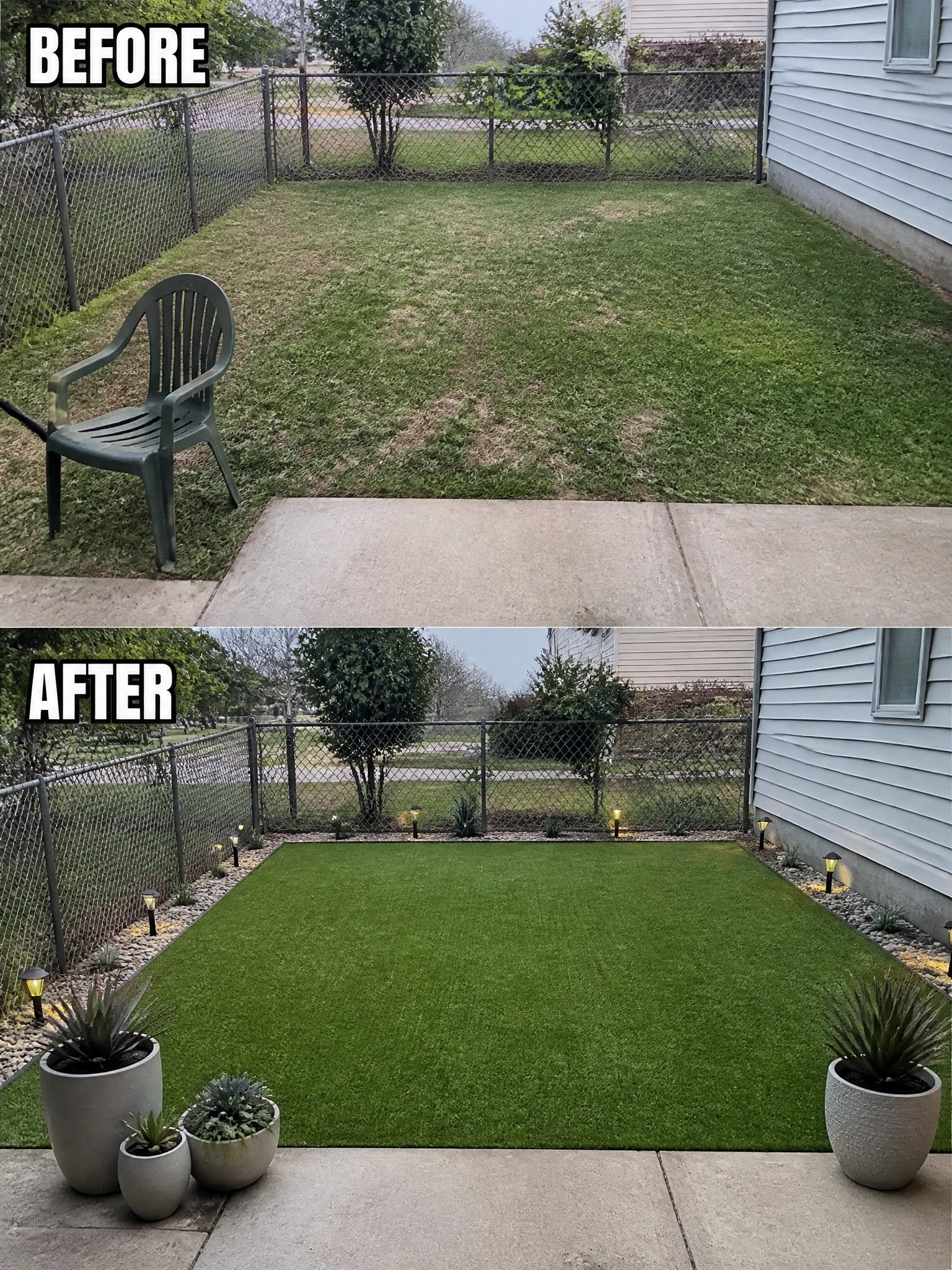 Before and after backyard with natural grass replaced by artificial turf, lights, and plants.