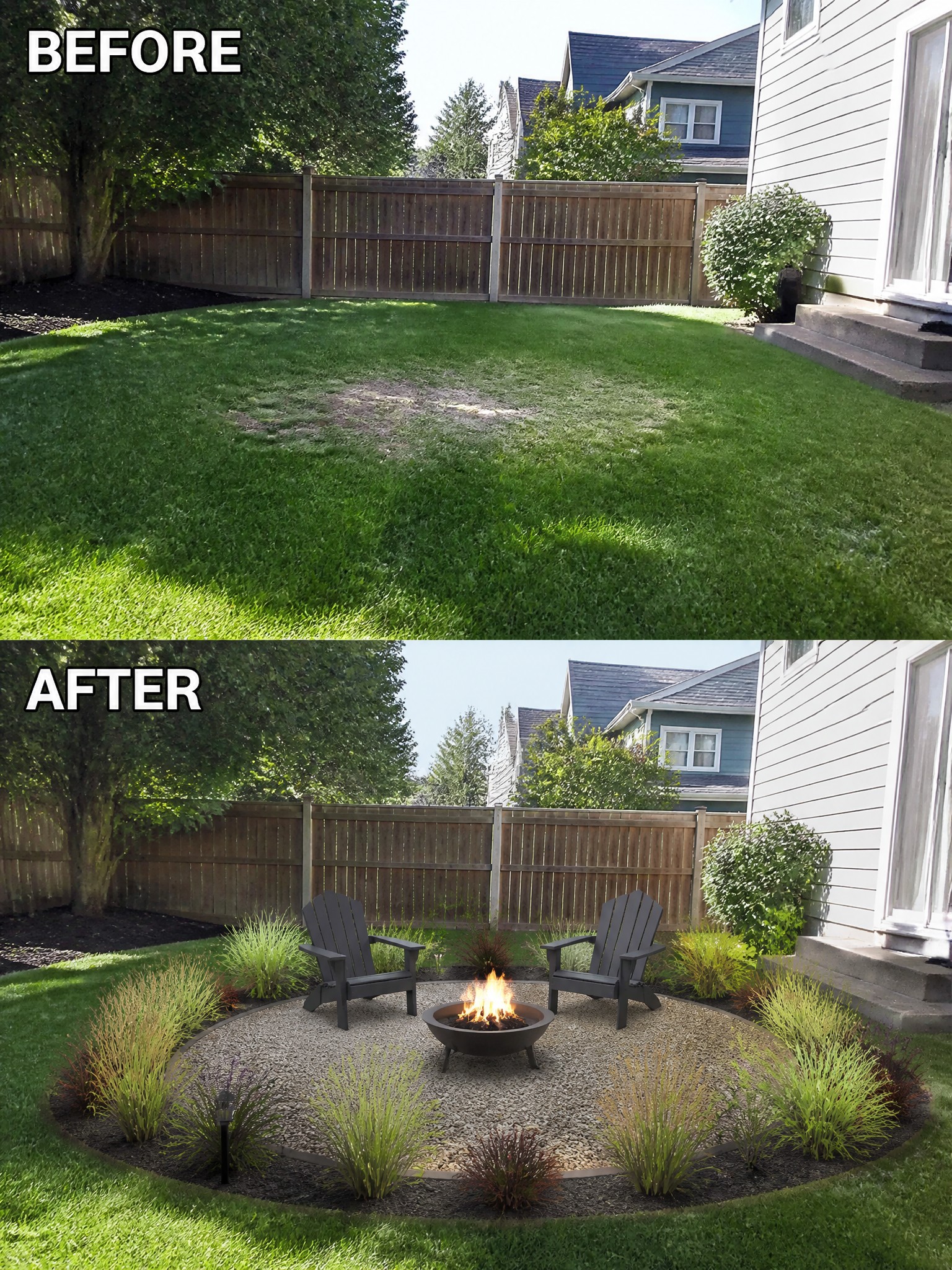Before and after backyard transformation with fire pit, chairs, and landscaping.