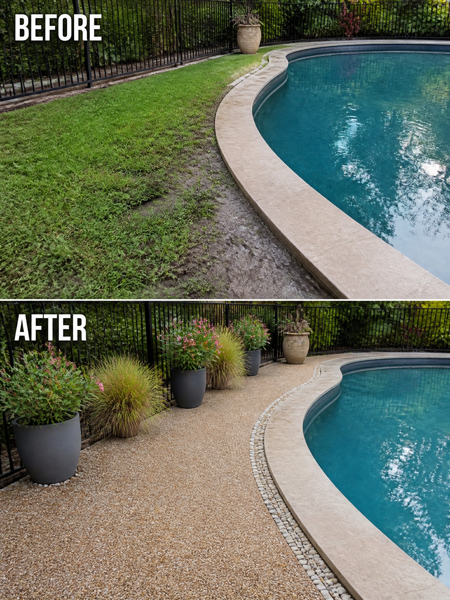 Before and after of pool deck: grassy dirt replaced by gravel, potted plants added.