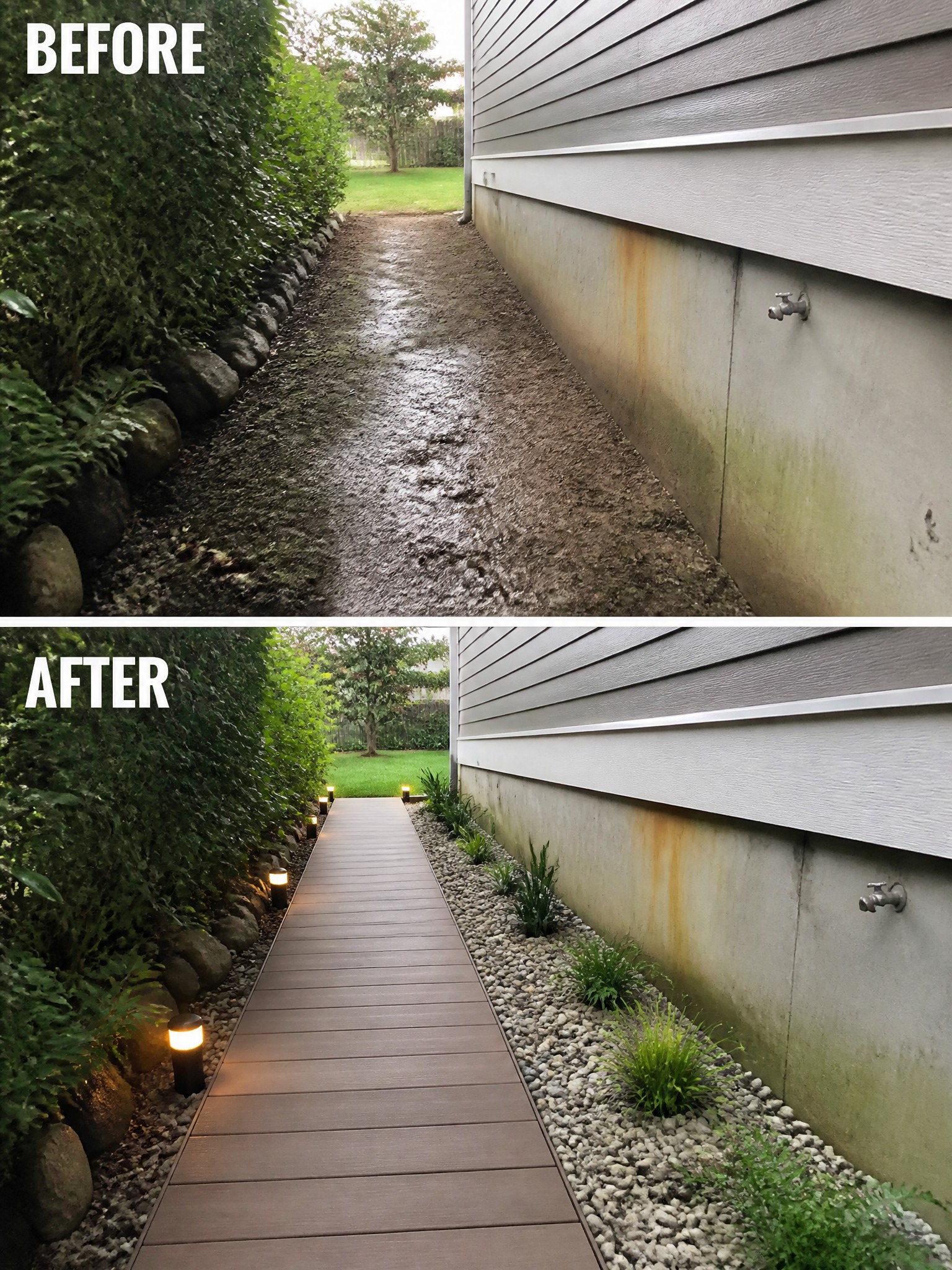 Before and after of muddy path transformed into lit wooden walkway with gravel.