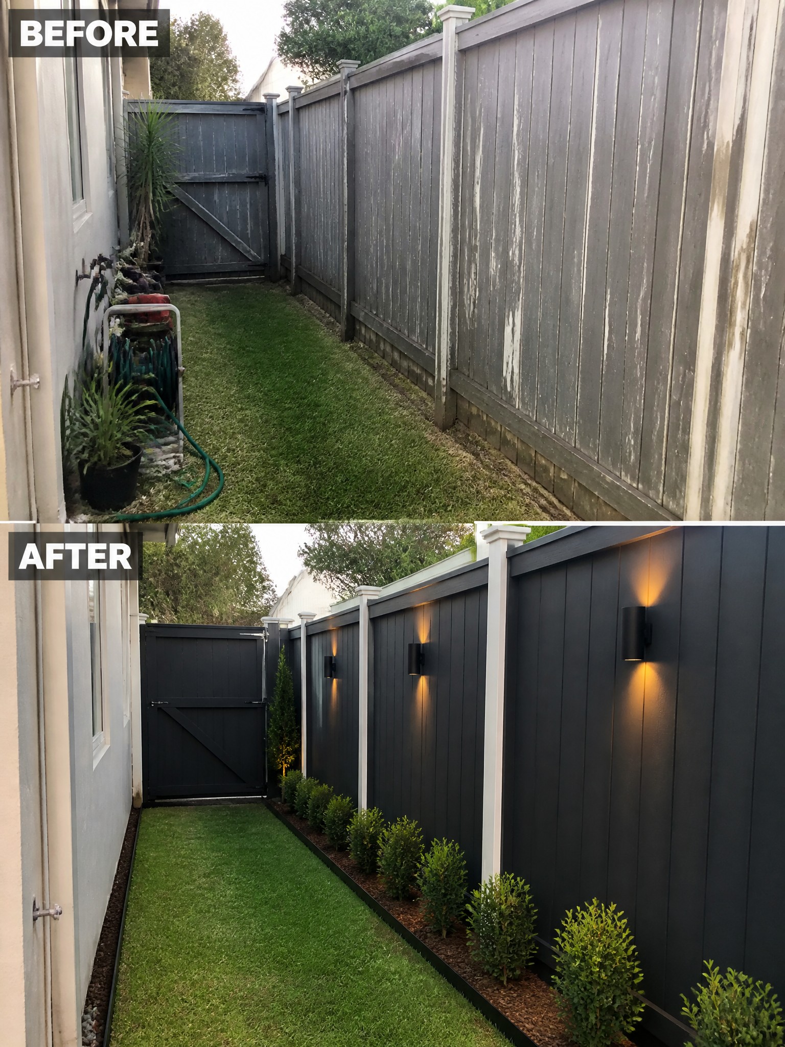 Before-and-after image of a side yard transformed with a painted fence, planted mulch borders, and added wall lights.