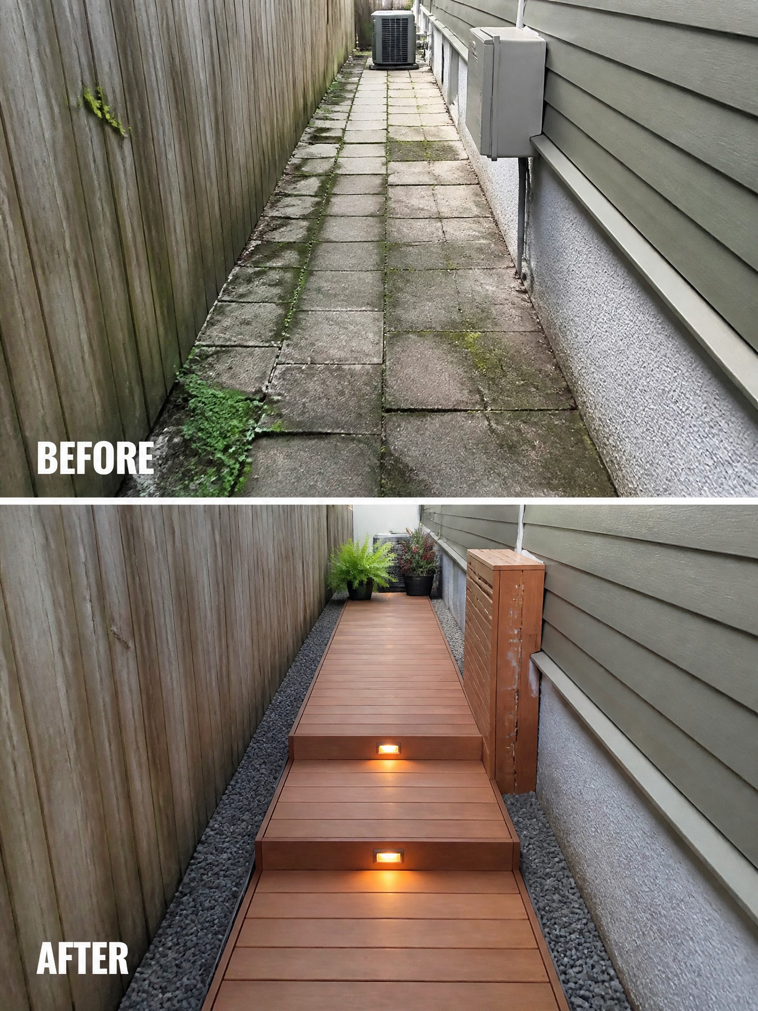 Before-and-after alleyway transformed from mossy concrete into lit wooden deck walkway.
