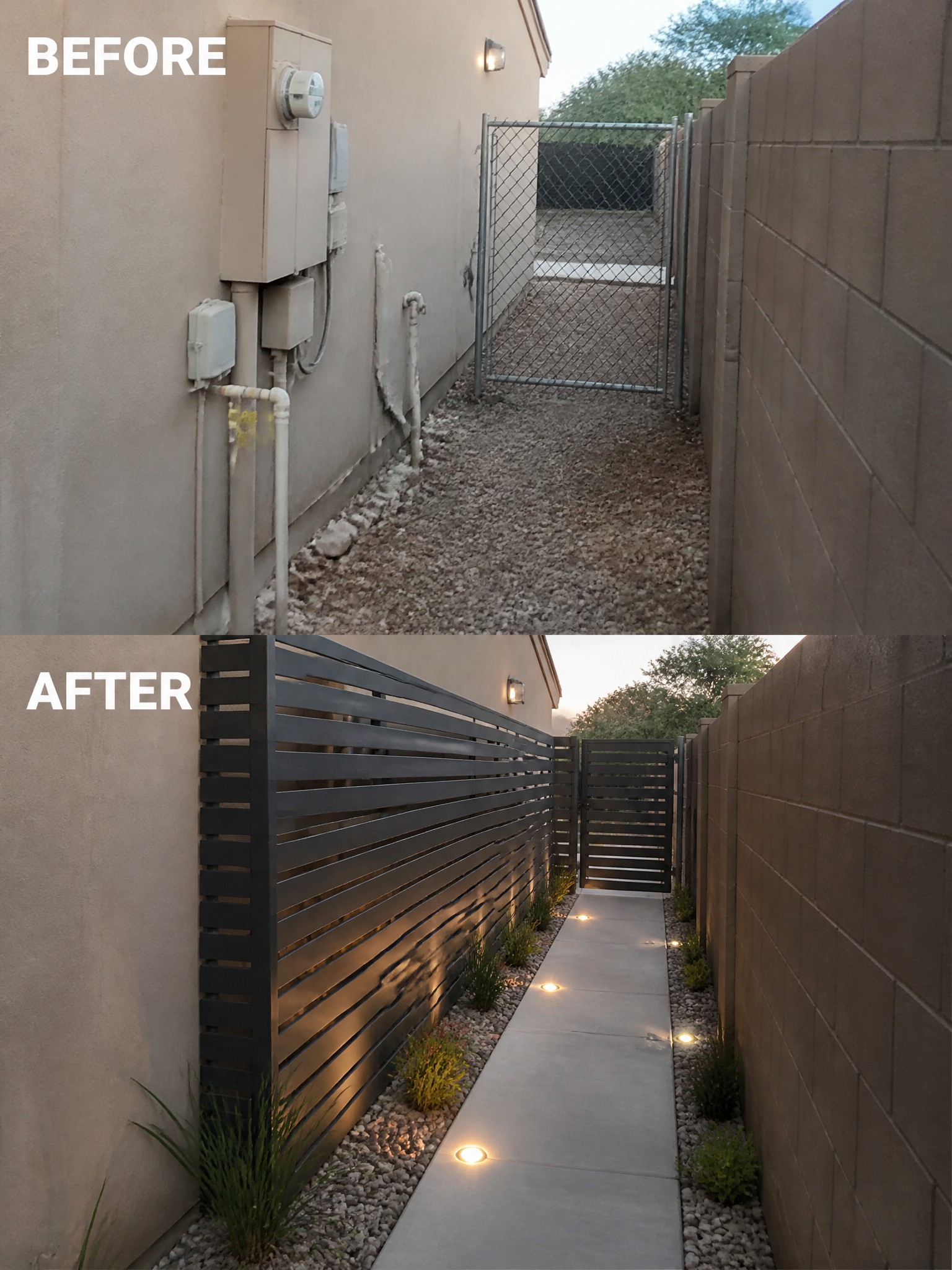 Before and after of renovated walkway with modern slat fence, lights, and concrete path.