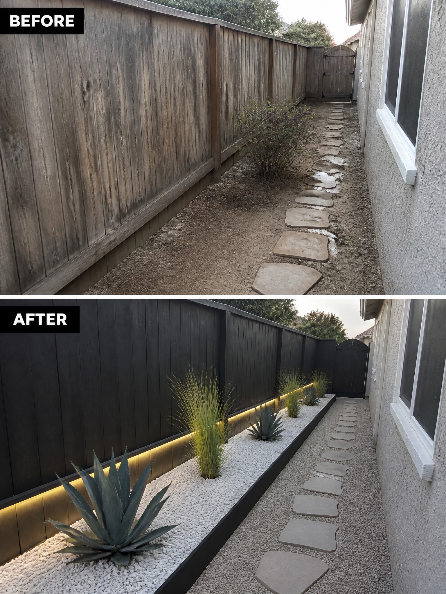 Before and after of wooden fence painted black with lighted succulent garden and gravel path.