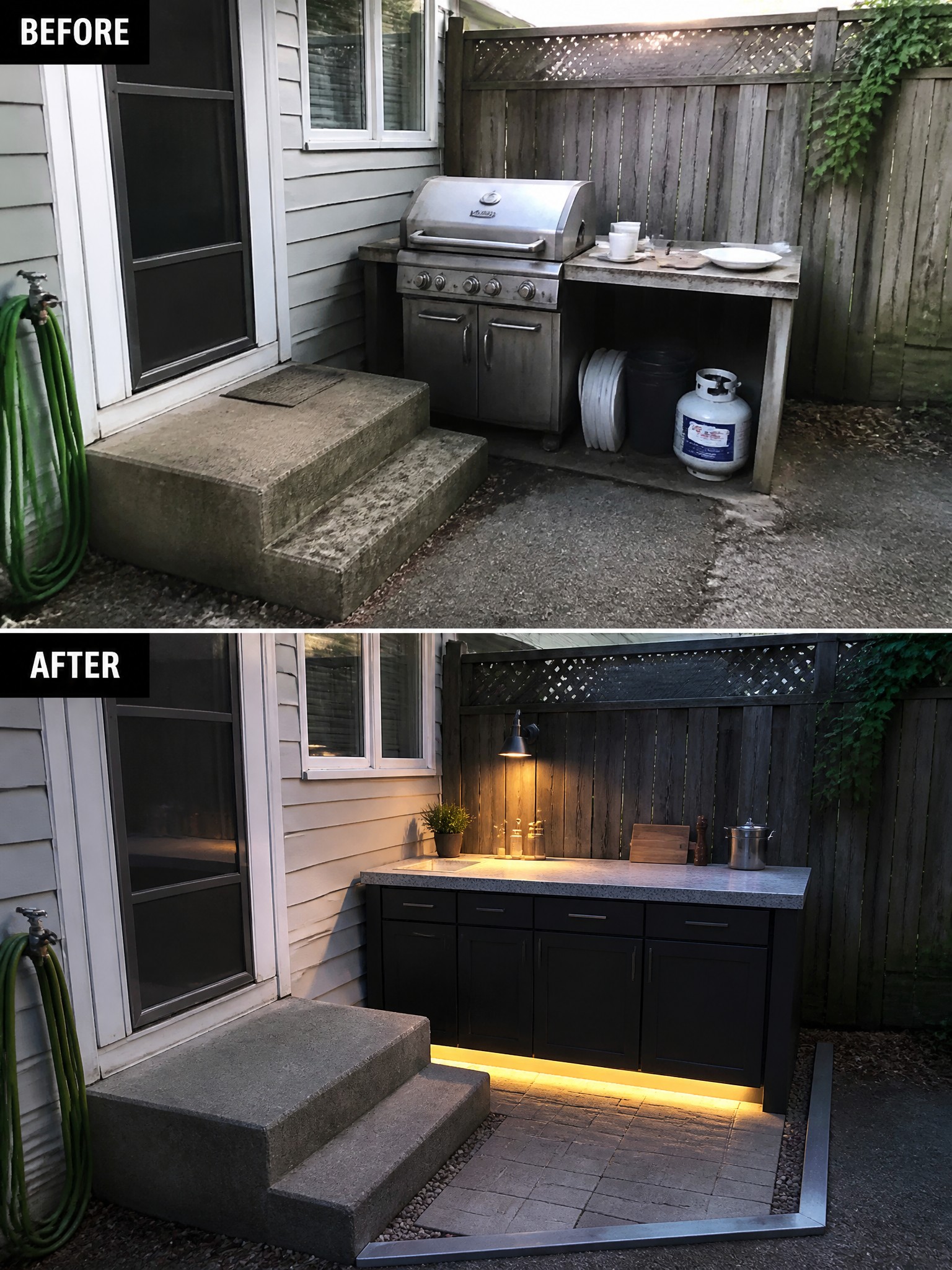 Before-and-after image of a side yard grill station updated with dark cabinets, outdoor lighting, and a bordered paver area.