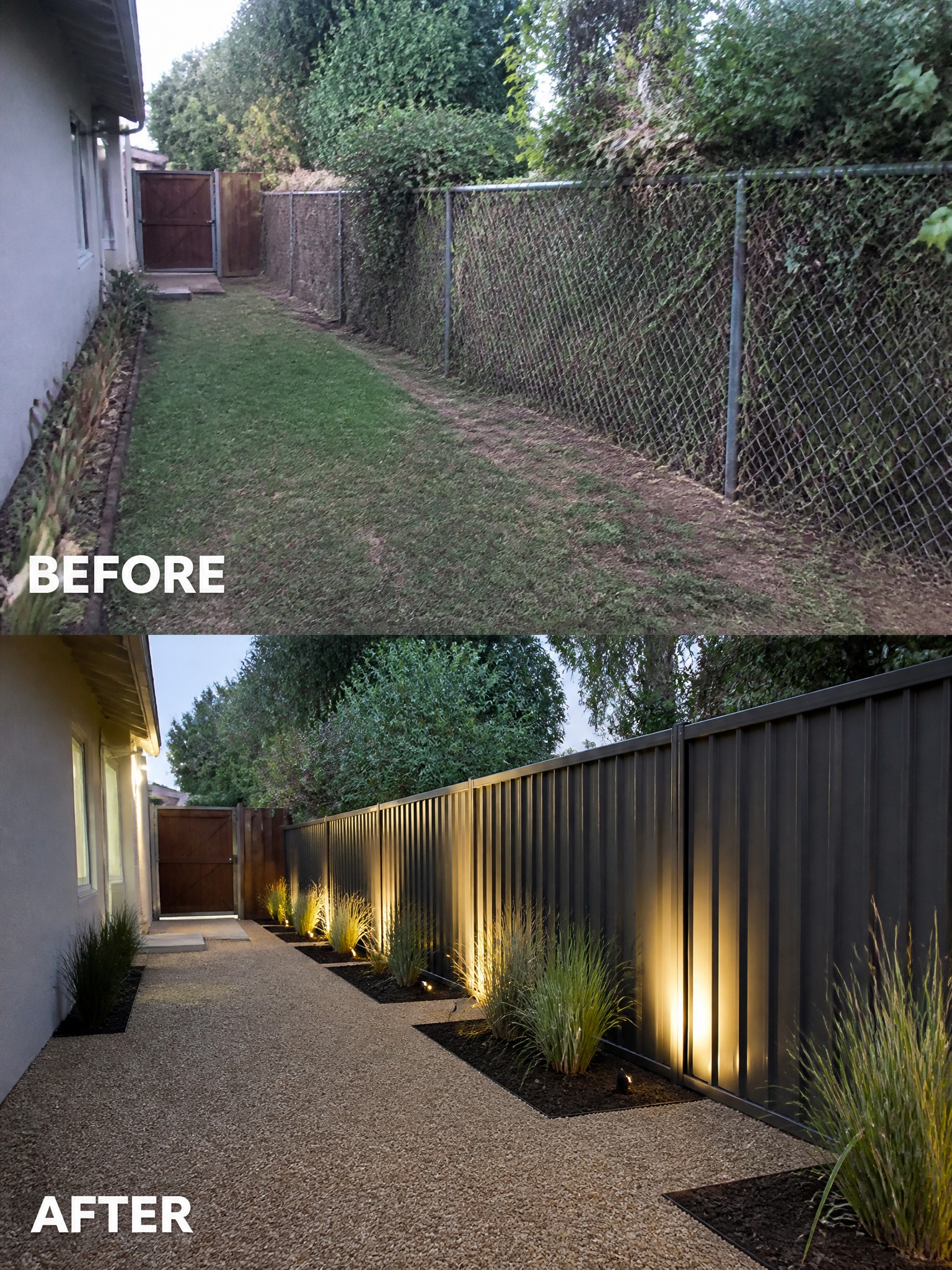 Before and after of side yard with new fence, gravel path and lighting.