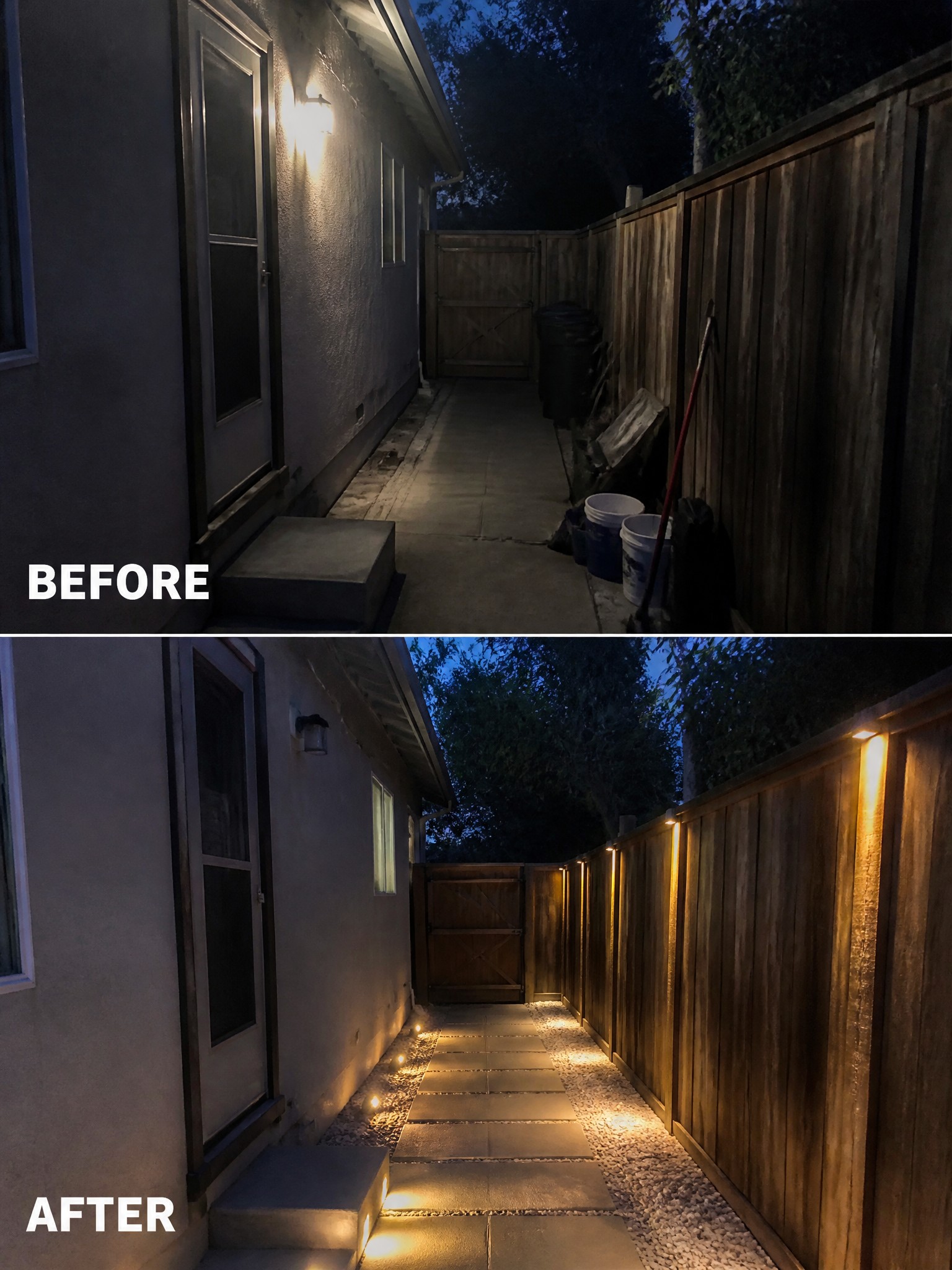 Before and after of narrow path lit by warm lights along fence and steps at night.