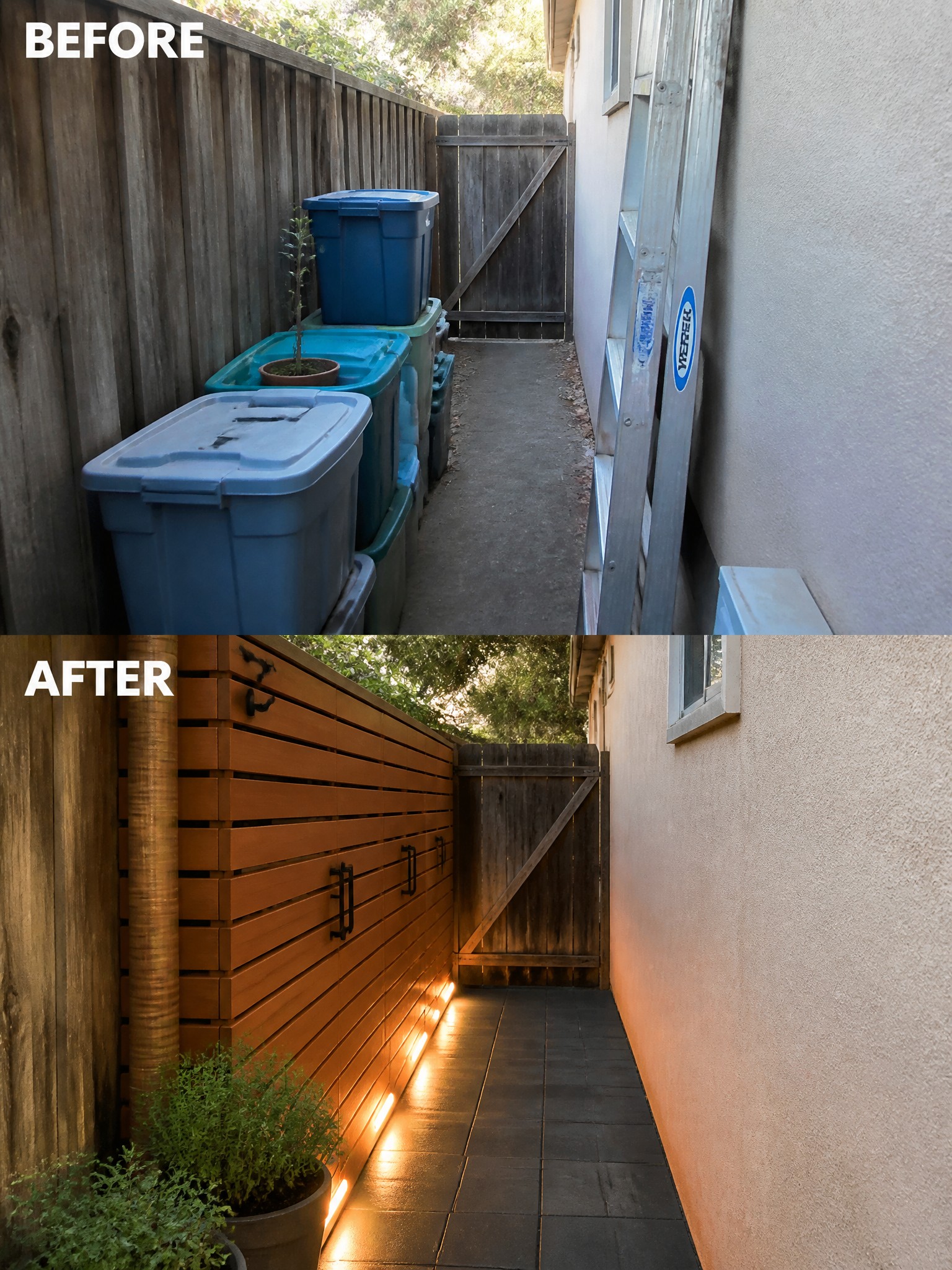 Before cluttered bins in alleyway, after lit wooden fence with plants and tiles