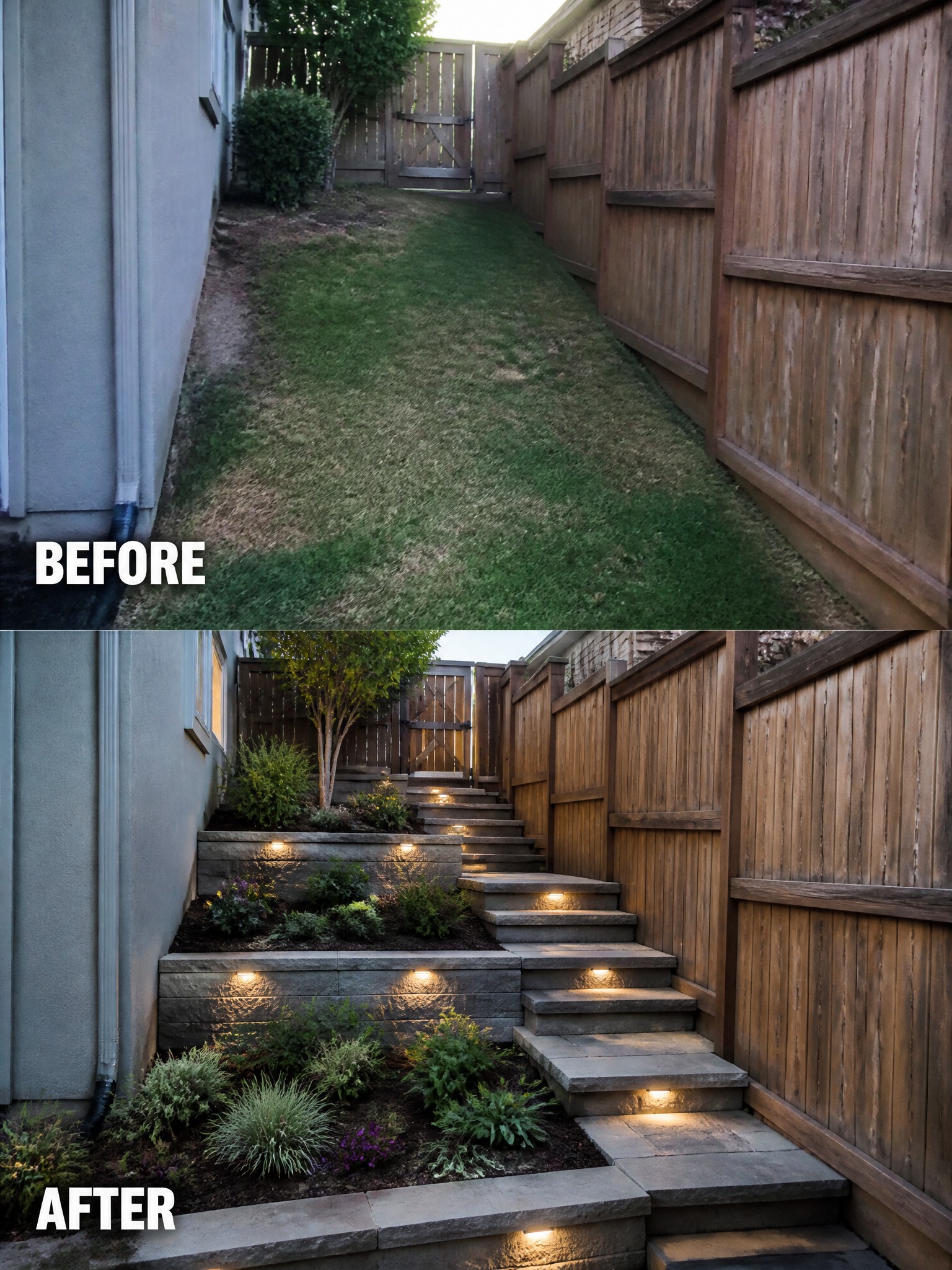 Before grassy path and after stone steps with lights and garden plants.
