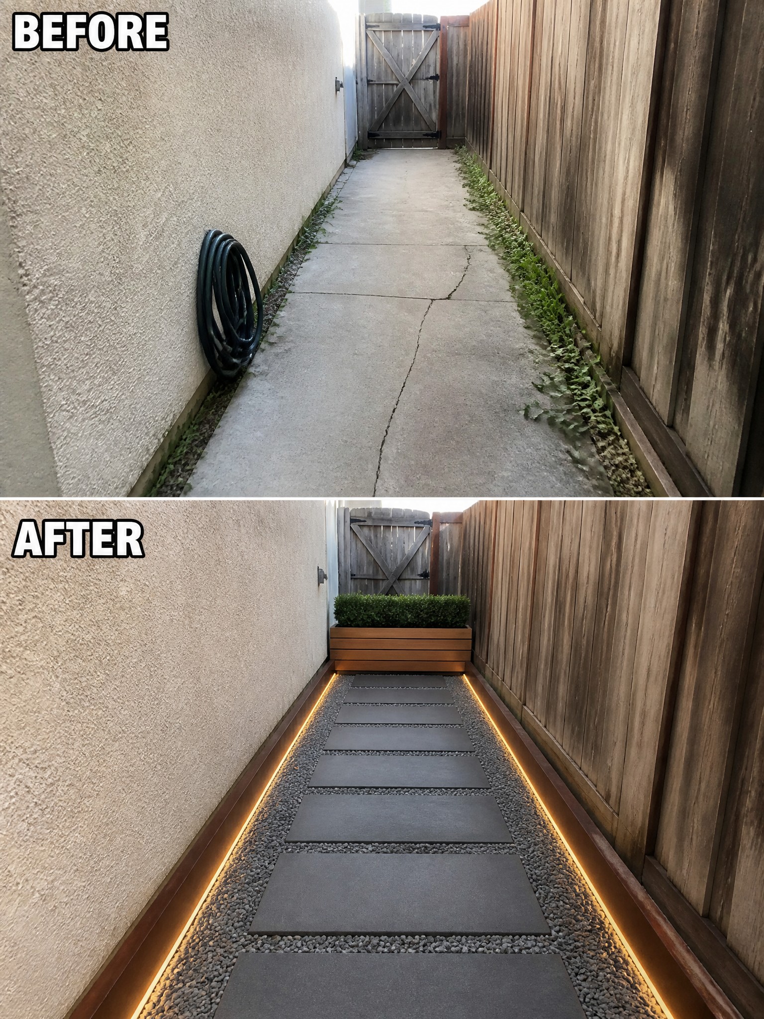 Before and after of narrow walkway renovated with pavers, gravel, lights and planter.