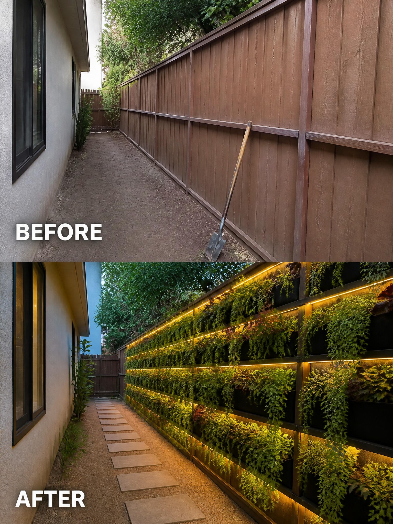 Before-after alley with plain fence transformed into illuminated vertical garden wall