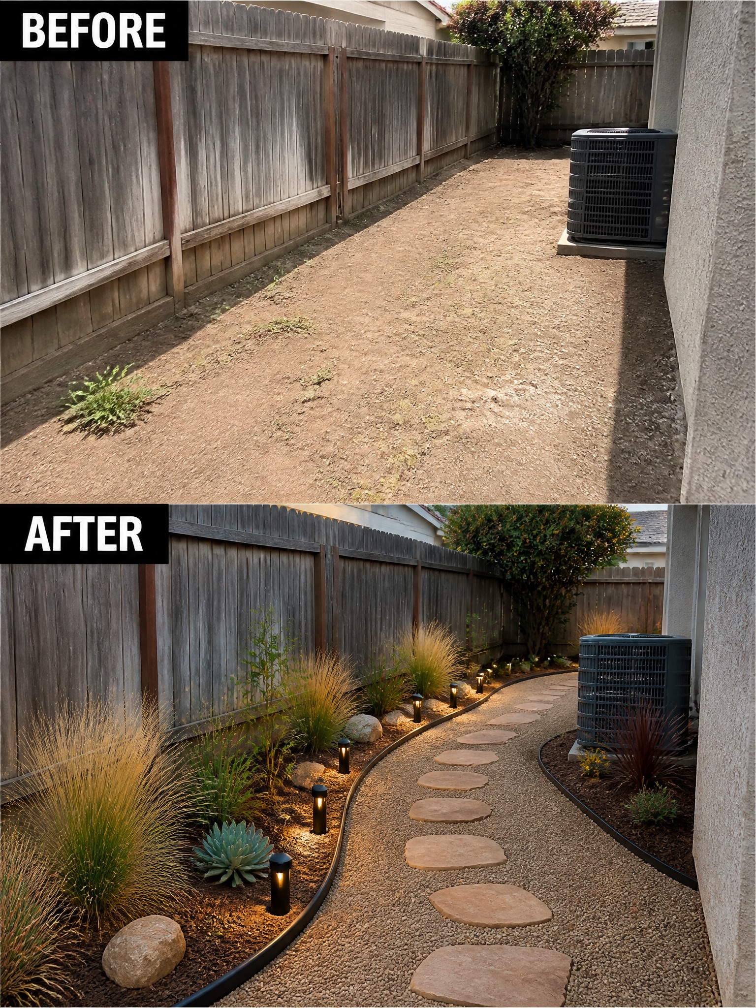 Before and after of backyard path with gravel, stepping stones, plants, and lights