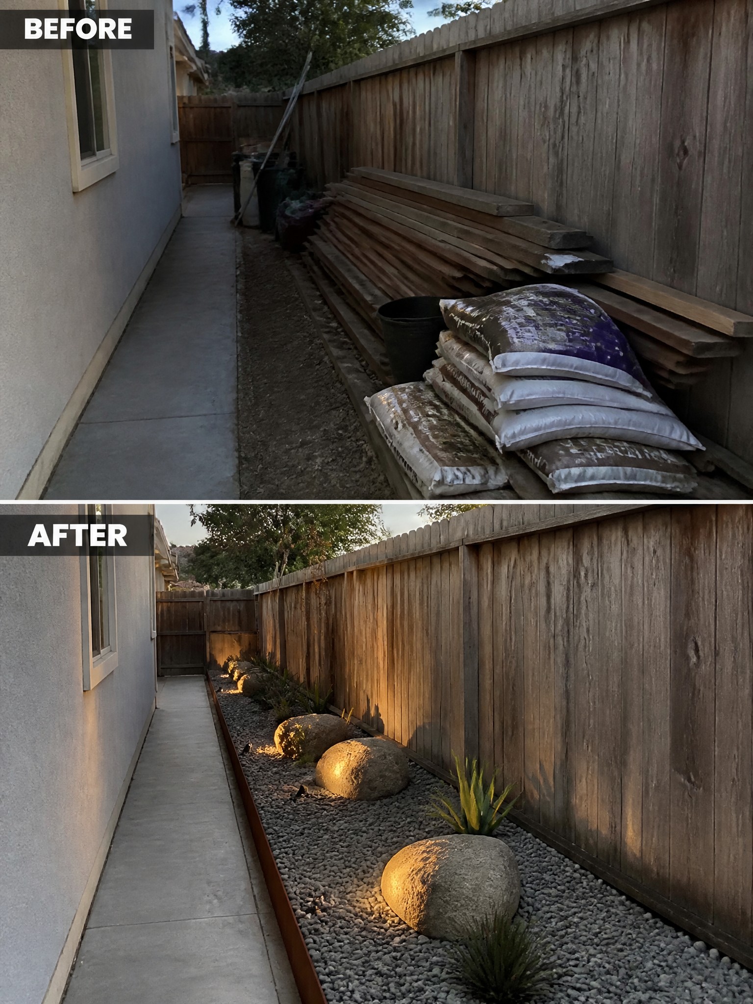 Before-and-after image of a cluttered side yard transformed into a clean gravel bed with rocks, plants, and lighting.