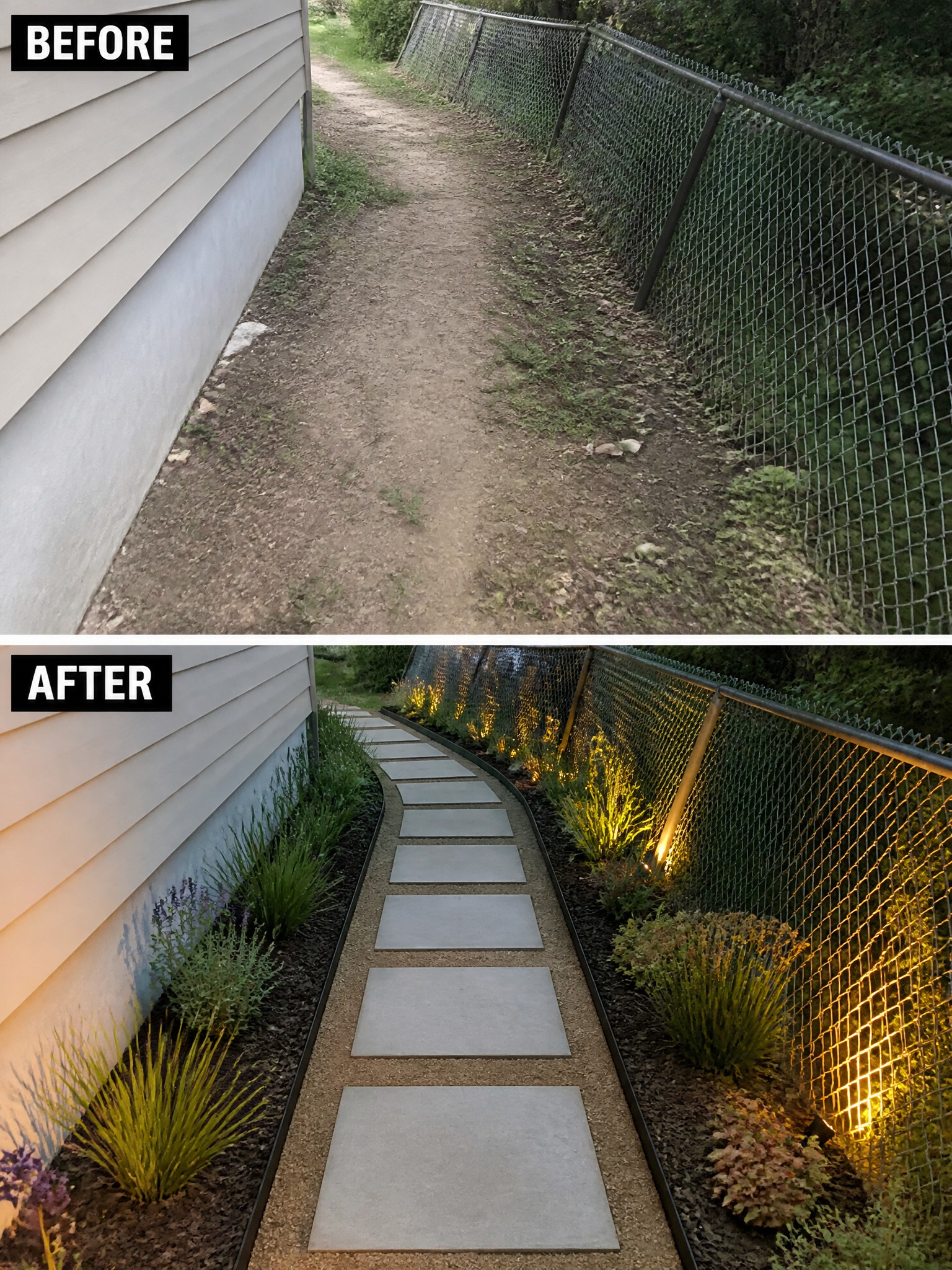 Before and after of dirt path transformed with pavers, gravel, plants and uplighting