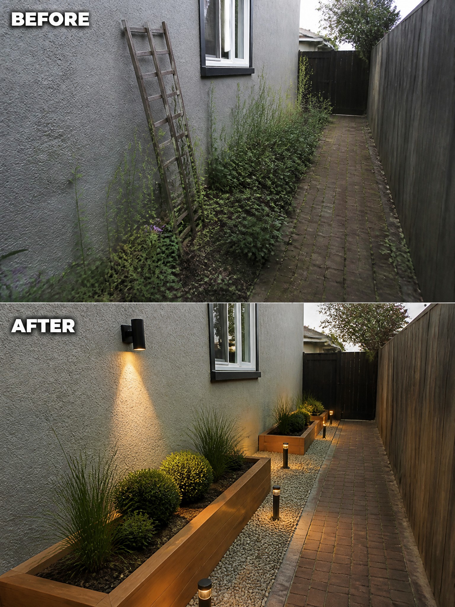 Before-and-after image of an overgrown side yard transformed with raised wooden planters, structured plants, gravel borders, and path lighting.