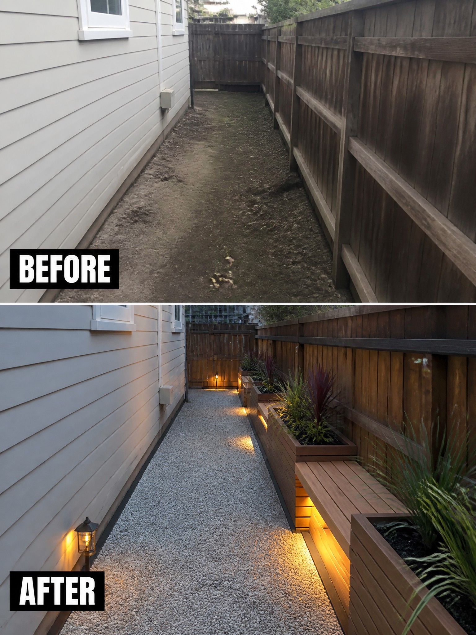 Before-and-after of narrow side yard transformed with gravel path, planters, bench and lights.